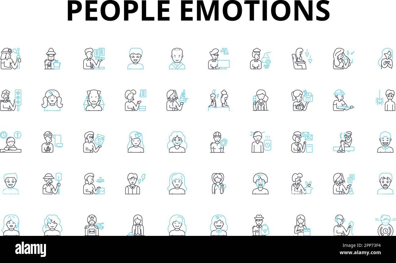 Persone emozioni lineari icone set. Felicità, tristezza, rabbia, Amore, odio, Gioia, simboli vettoriali di paura e segni di concetto di linea. Eccitazione, ansia Illustrazione Vettoriale