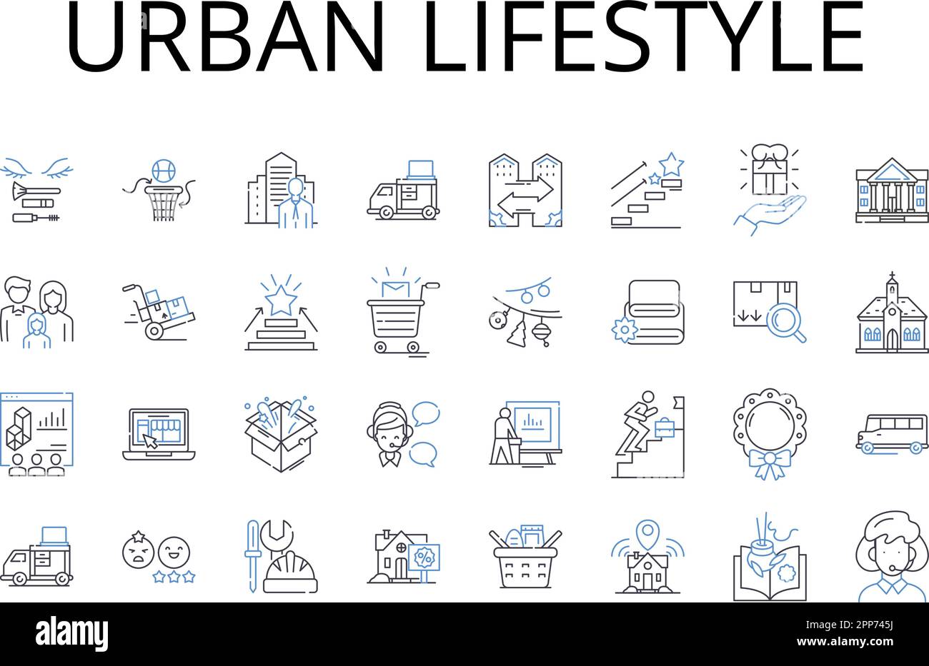 Collezione icone linea stile di vita urbano. Vita rurale, atmosfera cosmopolita, cultura metropolitana, routine veloce, esistenza moderna, Contemporaneo Illustrazione Vettoriale