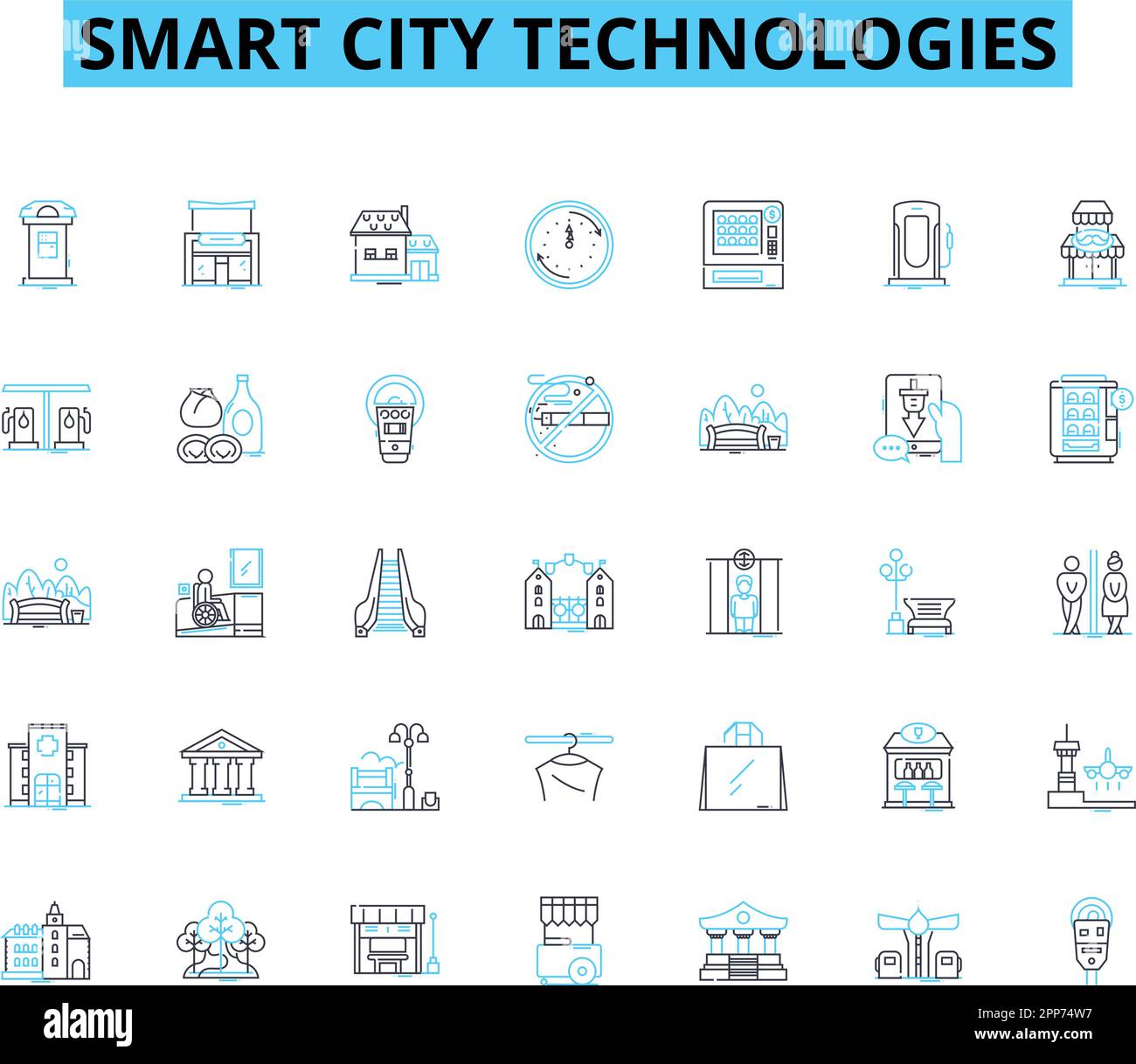 Set di icone lineari per tecnologie smart city. IoT, sostenibilità, automazione, innovazione, digitalizzazione, Connettività, vettore di linea di mobilità e concetto Illustrazione Vettoriale