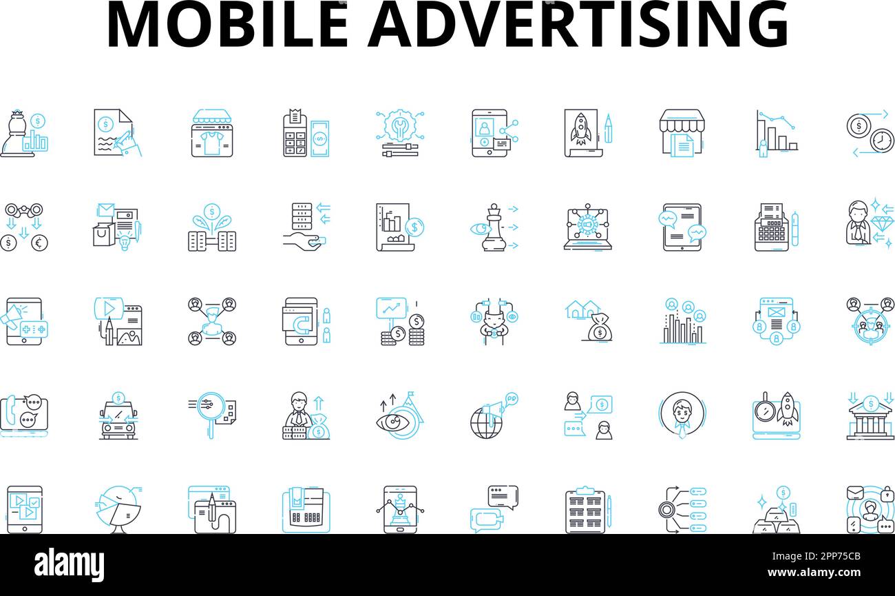 Set di icone lineari per la pubblicità mobile. Impressioni, clic, conversioni, targeting, coinvolgimento, Geolocalizzazione, simboli vettoriali di personalizzazione e linea Illustrazione Vettoriale