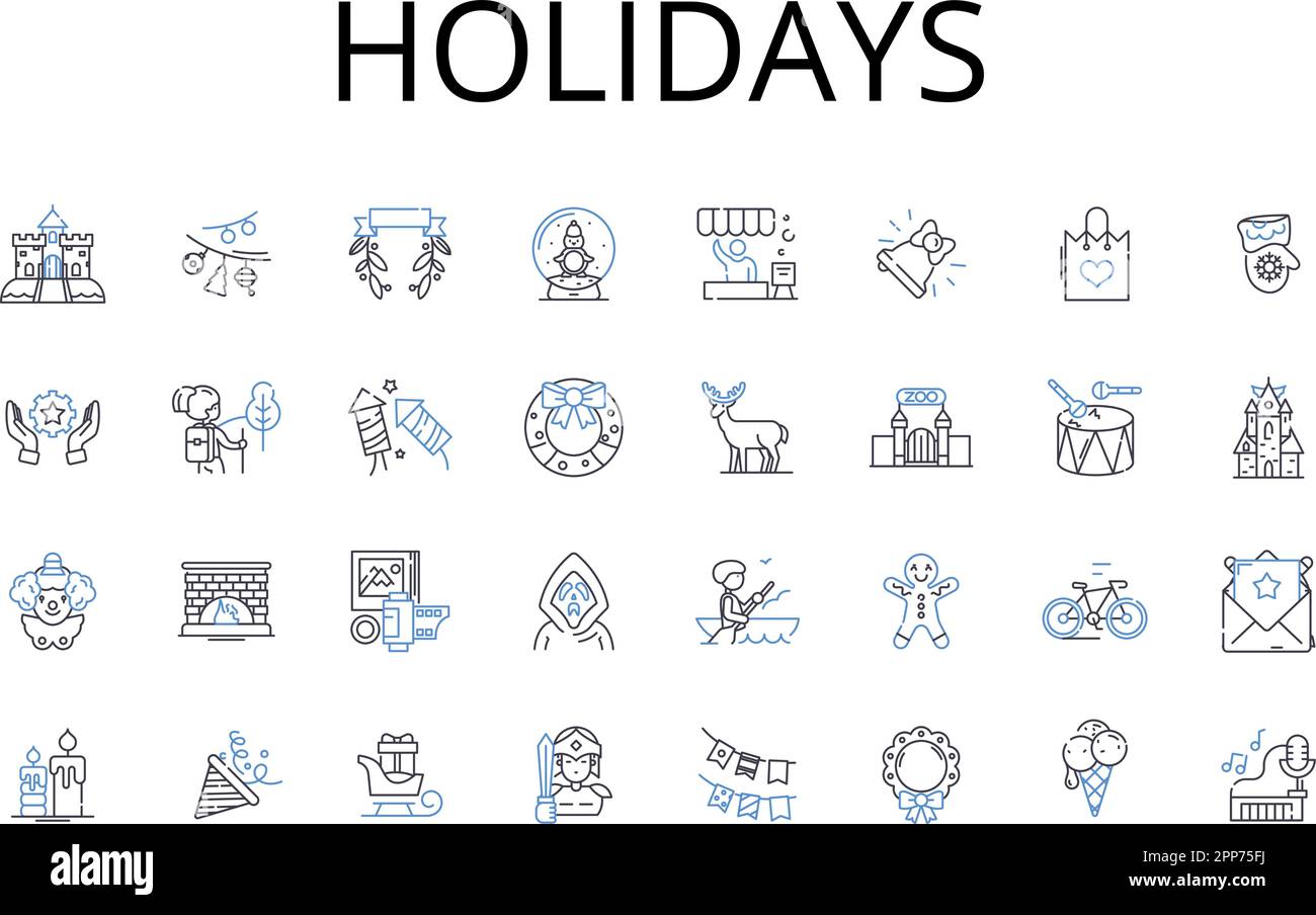 Collezione icone linea vacanze. Vacanze, vacanze, feste, feste, feste, soggiorni, Ritiri, vettore di interruzione e illustrazione lineare. Escursioni Illustrazione Vettoriale