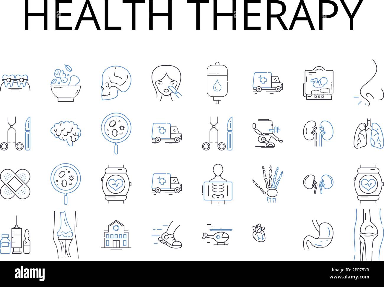 Collezione di icone della linea di terapia sanitaria. Medicina alternativa, medicina complementare, guarigione naturale, trattamento benessere, terapia mente-corpo, Olistico Illustrazione Vettoriale