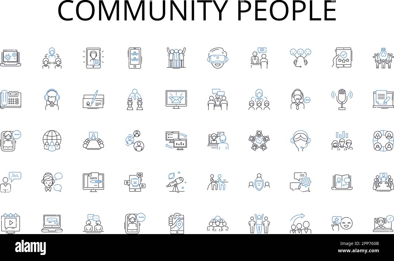 Collezione di icone della linea delle persone della comunità. Maschile, sicuro, resiliente, ambizioso, competitivo, Disegno vettoriale e lineare atletico e avventuroso Illustrazione Vettoriale