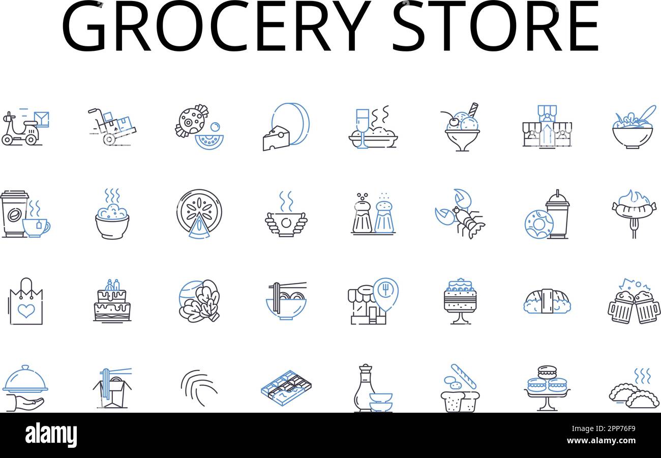 Collezione di icone della linea del negozio di alimentari. Minimarket, supermercato, negozio di articoli da regalo, Corner shop, Market Stall, Negozio di specialità, vettore del mercato alimentare Illustrazione Vettoriale