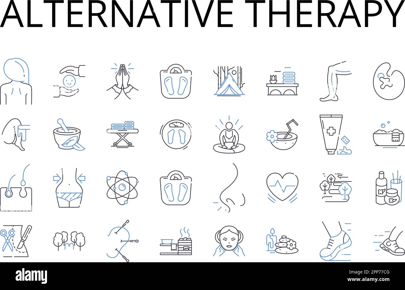 Raccolta di icone delle linee di terapia alternativa. Medicina contemporanea, approccio innovativo, medicina non convenzionale, tecnica innovativa, approccio olistico Illustrazione Vettoriale