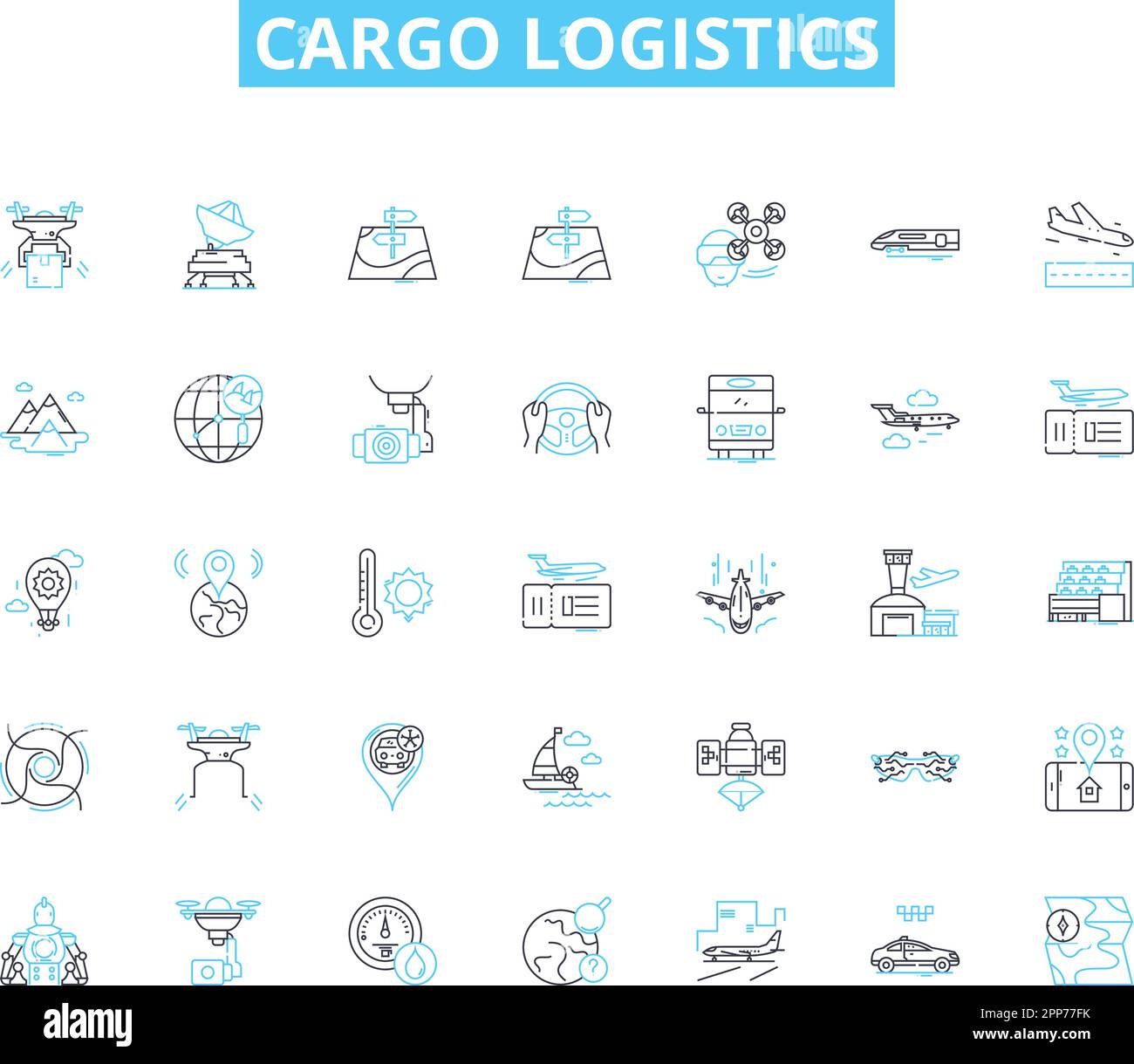 Set di icone lineari per la logistica del carico. Trasporto, spedizione, trasporto, catena di fornitura, magazzino, Distribuzione, vettore di linea di inventario e segnaletica concettuale Illustrazione Vettoriale