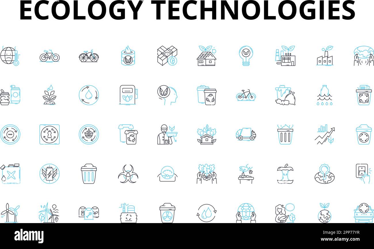 Set di icone lineari per le tecnologie ecologiche. Solare, Vento, Geotermico, biomassa, idroelettrico, Carbonio-neutro, compostaggio di simboli vettoriali e concetto di linea Illustrazione Vettoriale