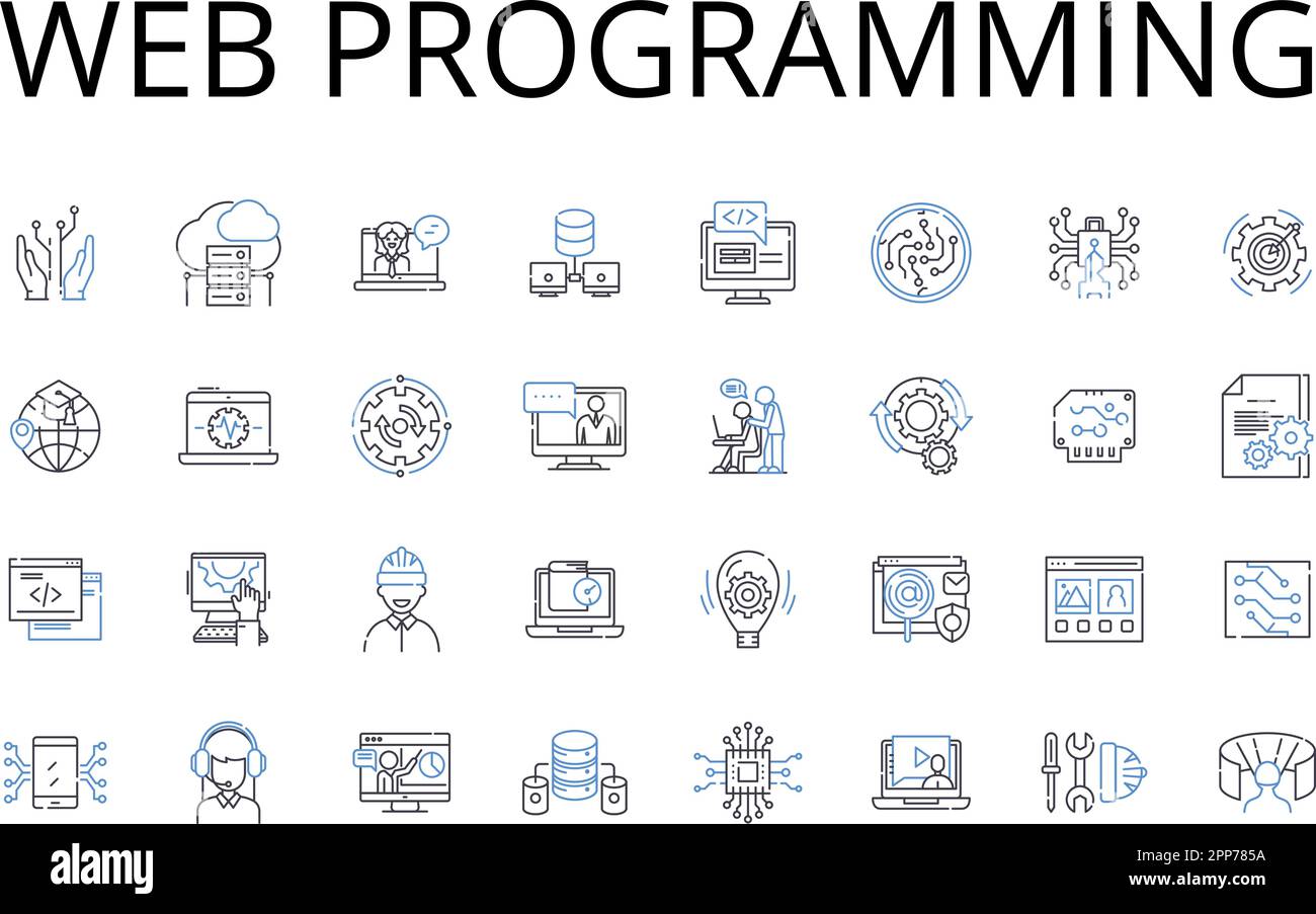 Raccolta di icone della riga di programmazione Web. Sviluppo mobile, progettazione di videogame, analisi dei dati, progettazione grafica, interfaccia utente, Design front-end, back-end Illustrazione Vettoriale