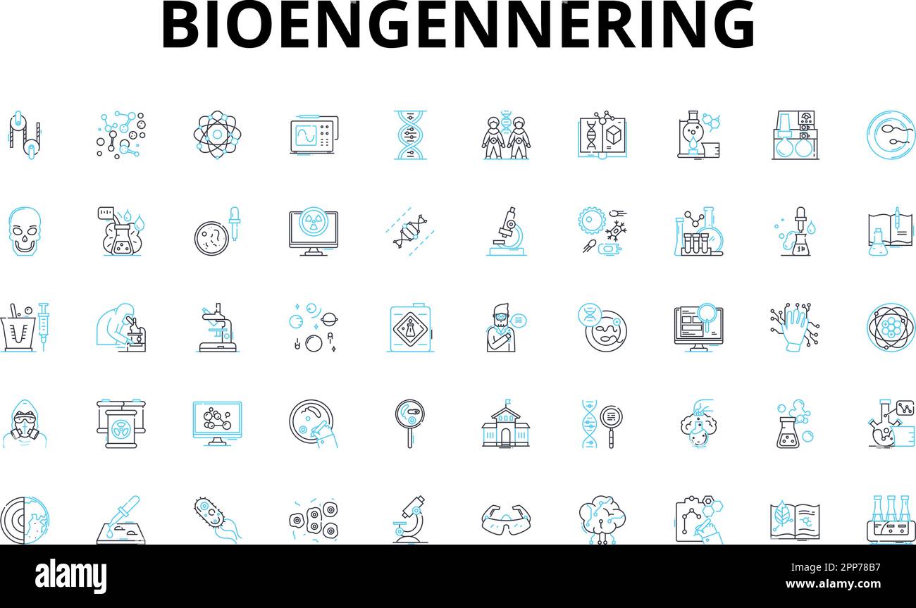 Set di icone lineari Bioengennering. Biomateriali, biomeccanica, bioprocessing, bioreattori, nanotecnologia, Ingegneria dei tessuti, vettore di biocompatibilità Illustrazione Vettoriale