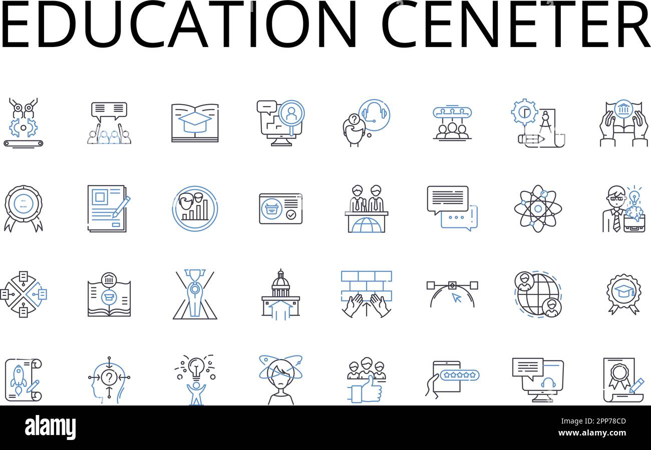 Educazione linea ceneter icone collezione. Centro di apprendimento, Istituto di formazione, Centro di studio, Knowledge base, Accademia di competenze, Centro di intelligence, Tutoring Illustrazione Vettoriale