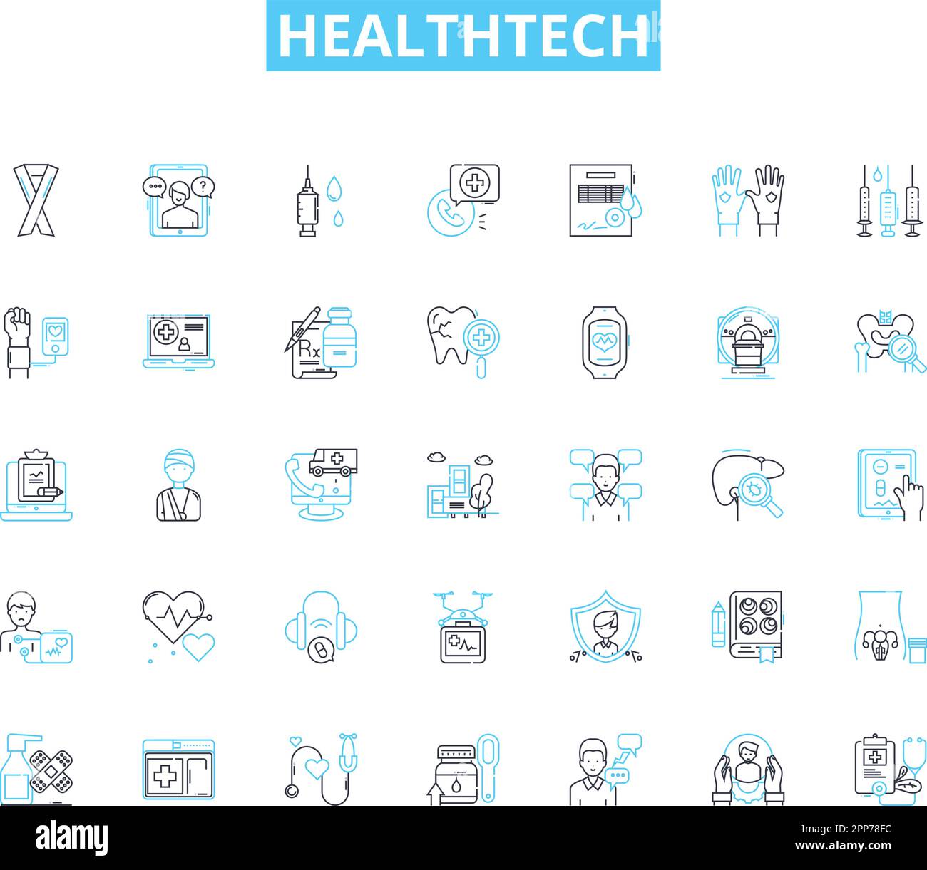 Set di icone lineari HealthTech. Telemedicine, indossabili, EHR, ai, realtà virtuale, Robotica, linee vettoriali Nanotecnologiche e segnali concettuali. Genetica Illustrazione Vettoriale