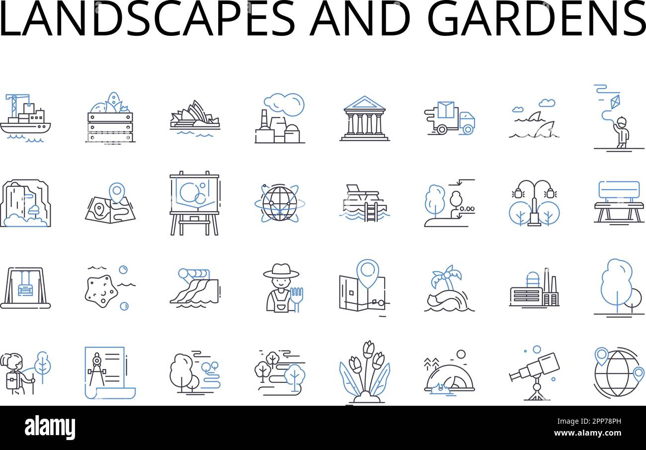 Paesaggi e giardini linea icone collezione. Vista mare, accesso alla spiaggia, Vista montagna, panorama sullo skyline, sentieri nella foresta, Ritiro di campagna, giungla urbana Illustrazione Vettoriale