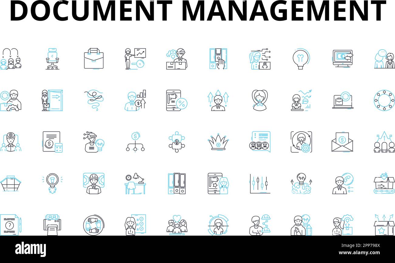 Set di icone lineari per la gestione dei documenti. Organizzazione, efficienza, automazione, sicurezza, flusso di lavoro, Collaborazione, controllo dei simboli vettoriali e concetto di linea Illustrazione Vettoriale