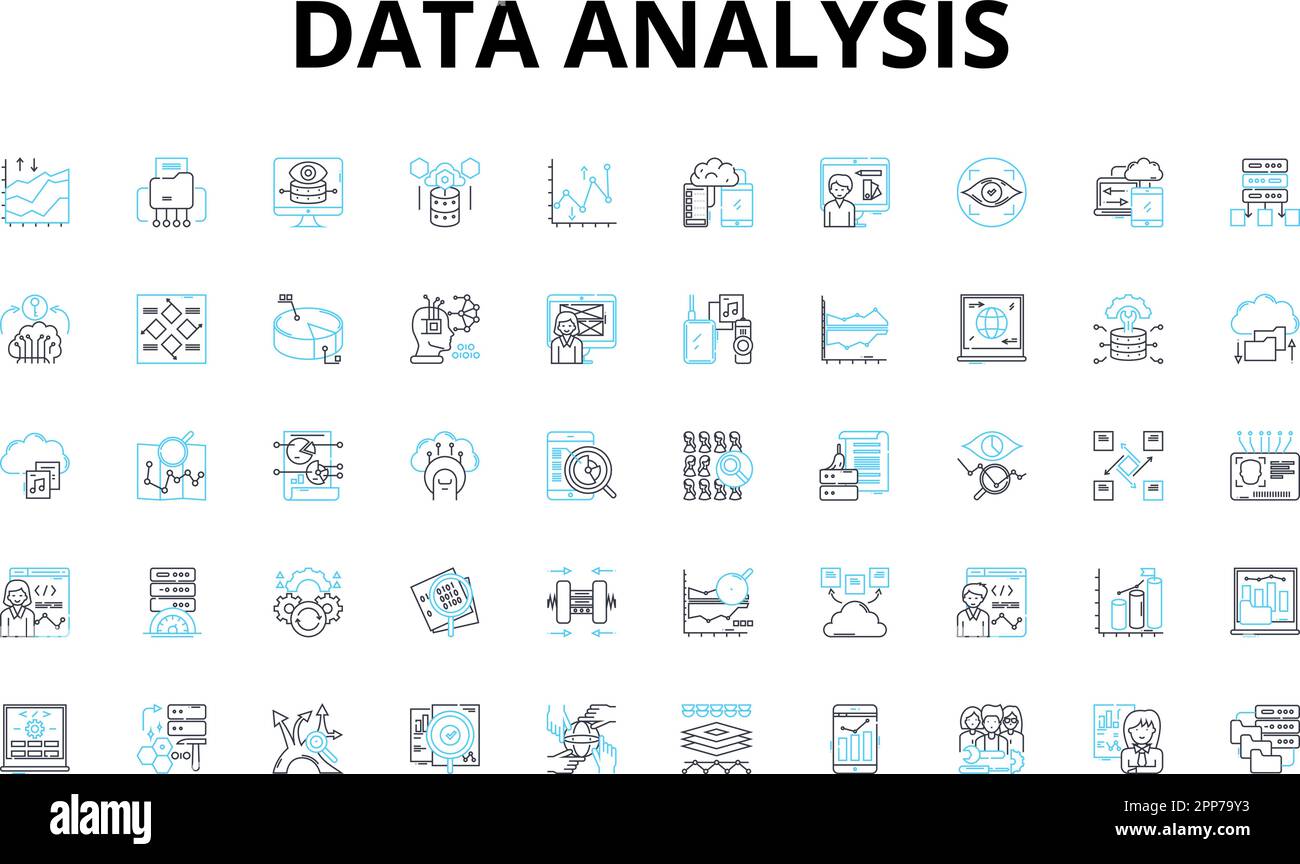 Set di icone lineari per l'analisi dei dati. Analisi, big data, approfondimenti, metriche, visualizzazione, Dashboard, simboli vettoriali delle statistiche e simboli di concetto di linea Illustrazione Vettoriale