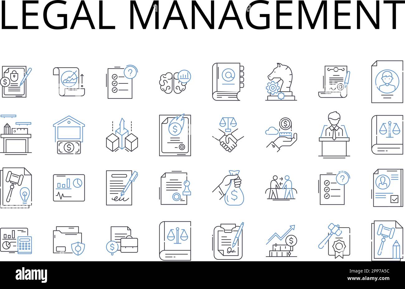 Raccolta di icone della linea di gestione legale. Amministrazione medica, controllo finanziario, direzione scientifica, Corporate Governance, risorse umane Illustrazione Vettoriale