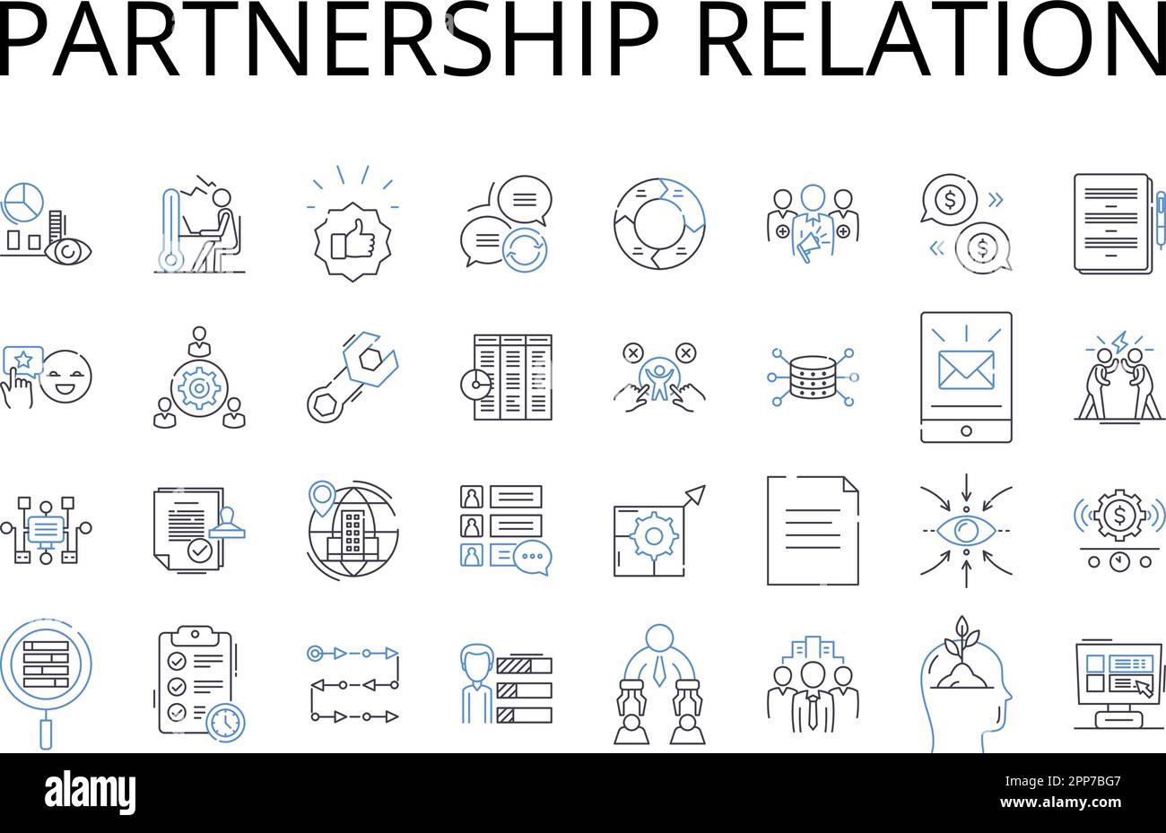 Insieme di icone della linea di relazione di partnership. Relazione d'amore, rispetto reciproco, collaborazione, legame di compagnia, connessione di amicizia, Collaborativo Illustrazione Vettoriale