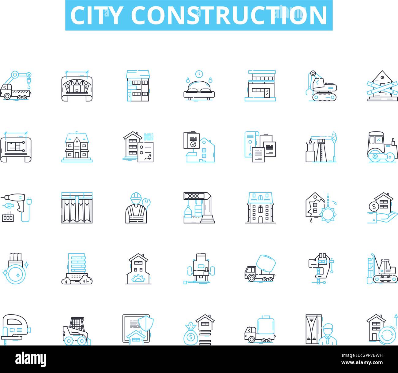 Set di icone lineari per la costruzione in città. Strutture, edifici, progettazione, progettazione, sviluppo, Infrastrutture, linee di urbanizzazione e segnali concettuali Illustrazione Vettoriale