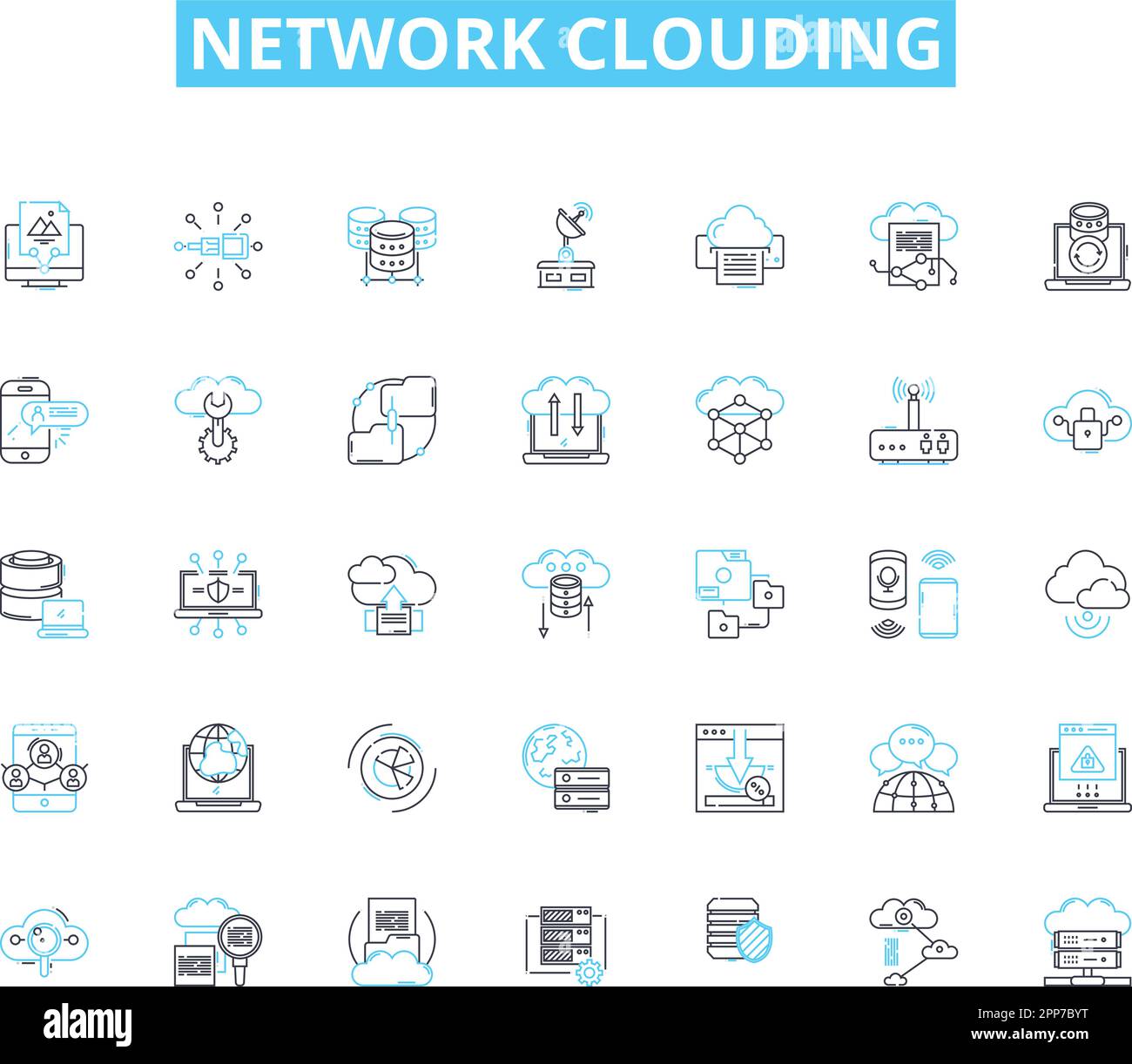 Set di icone lineari di oscuramento della rete. Virtualizzazione, scalabilità, elasticità, automazione, provisioning, Orchestrazione, vettore di linea multi-tenancy e. Illustrazione Vettoriale