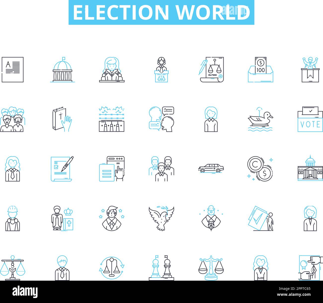 Insieme di icone lineari del mondo elettorale. Candidati, voto, scrutinio, democrazia, Campagna, Elettrificazione, vettore di linea elettorato e segnali concettuali. In carica Illustrazione Vettoriale
