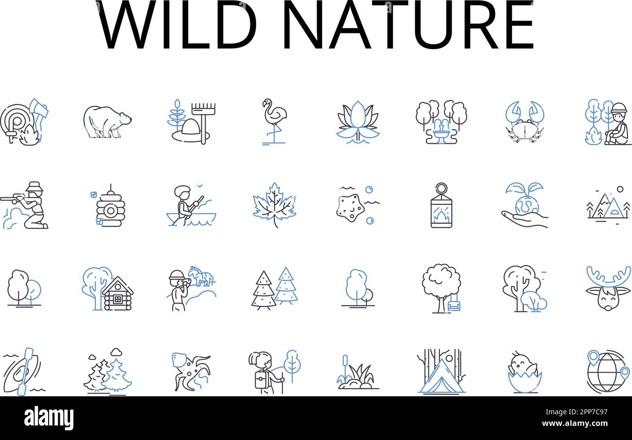 Collezione di icone linea natura selvaggia. Incredibile bellezza, paesaggi vasti, natura selvaggia senza confini, orizzonti infiniti, montagne maestose, Paradiso esotico Illustrazione Vettoriale