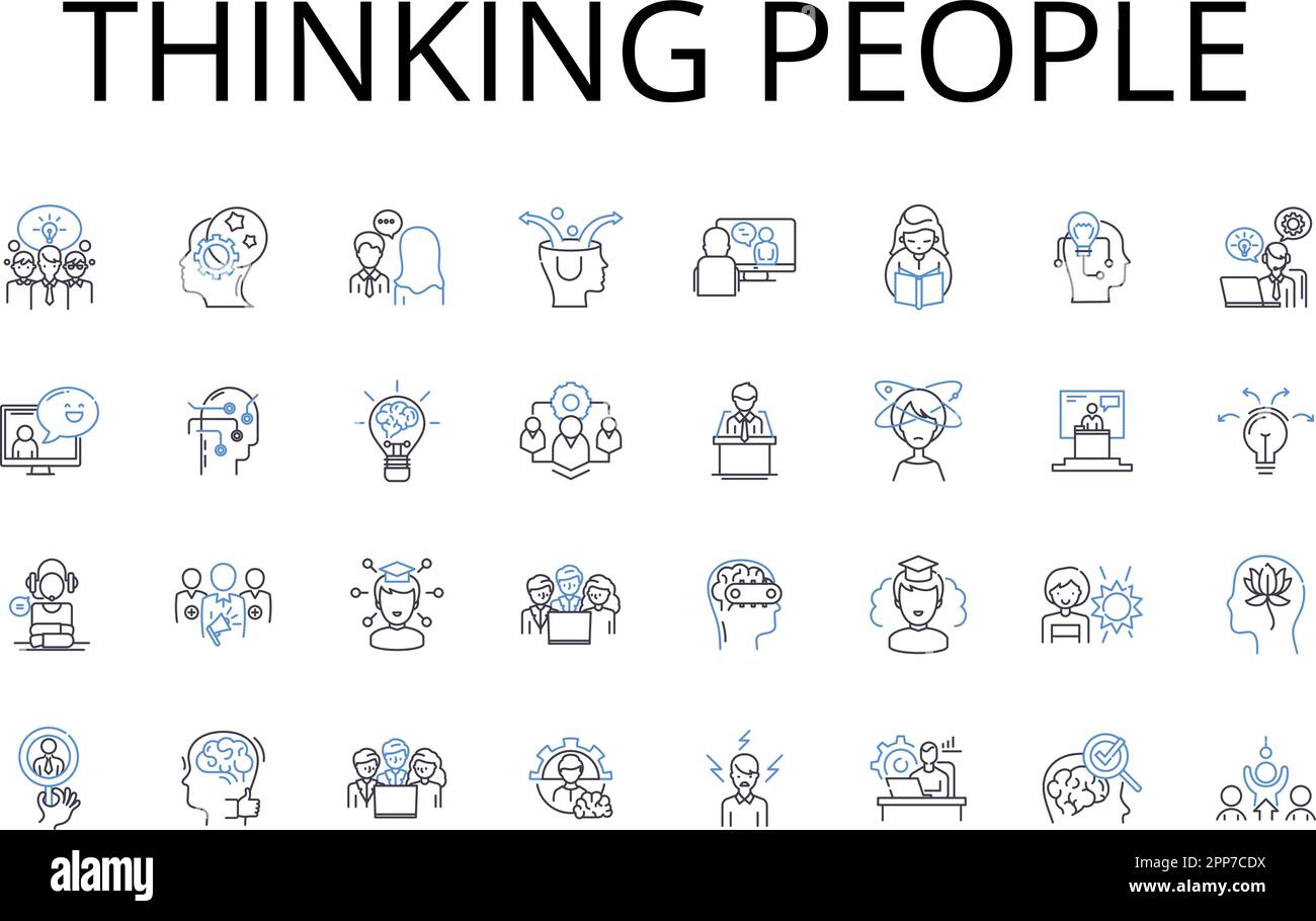Thinking persone linea icone raccolta. Individui intellettualmente curiosi, individui analitici, menti che provocano il pensiero, pensatori razionali Illustrazione Vettoriale