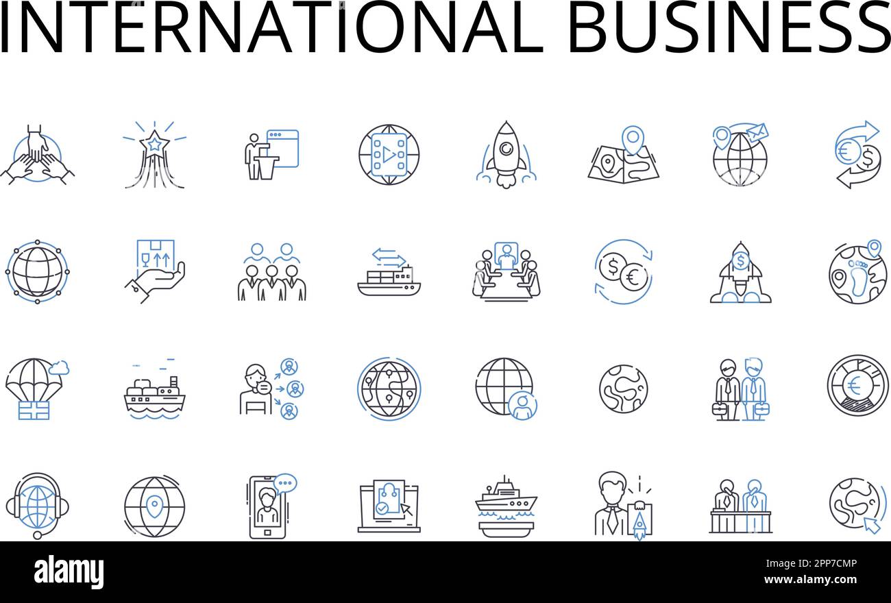 Collezione internazionale di icone business line. Commercio globale, commercio estero, affari multinazionali, rapporti transnazionali, economia mondiale, Croce Illustrazione Vettoriale