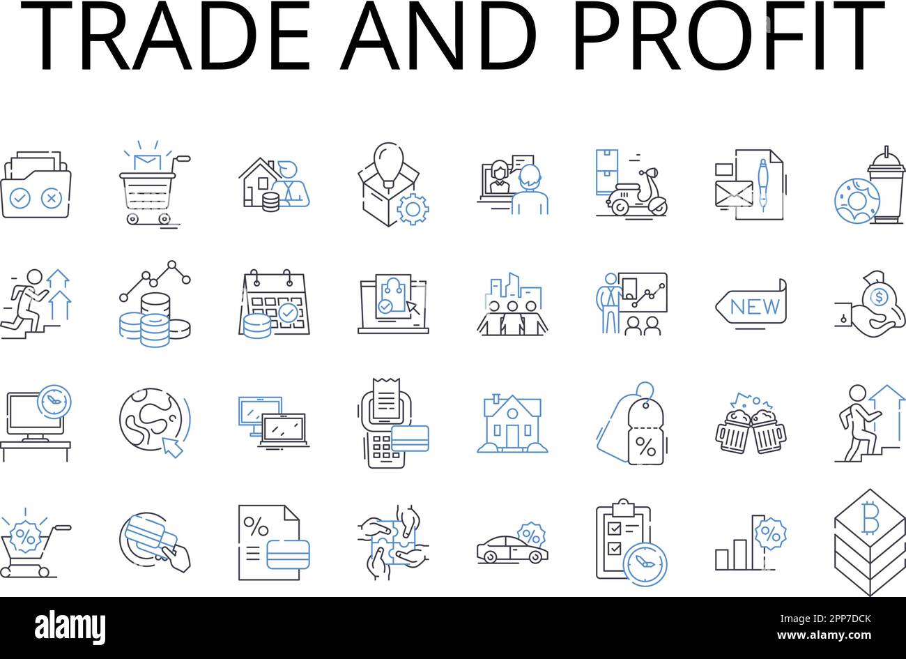 Collezione di icone della linea di trade e profit. Acquisto e vendita, reddito e ricavi, guadagno e utili, Commercio e guadagno, transazioni e reddito, Vendita e. Illustrazione Vettoriale