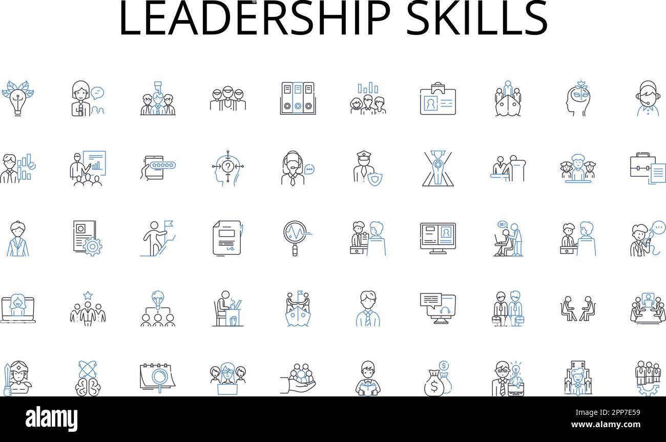 Collezione di icone della linea delle abilità di leadership. Marketing, promozione, Pubblicità, Branding, Campagna, Trasporto, vettore di vendita e lineare Illustrazione Vettoriale