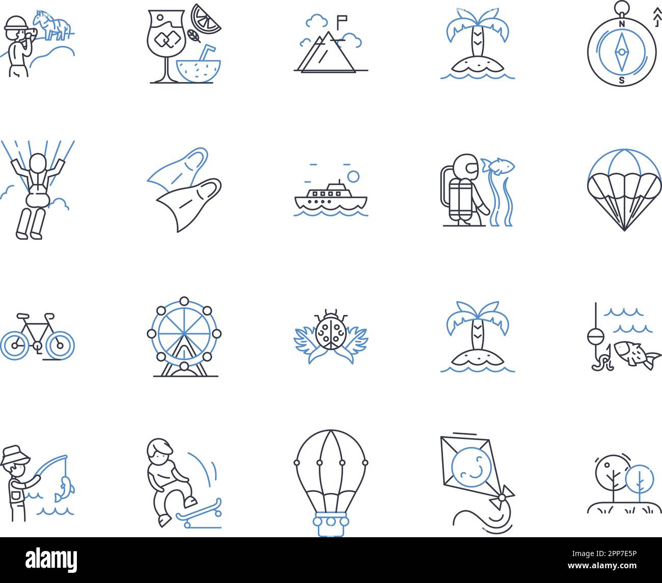 Collezione icone linea stazione sciistica. Polvere, curato, neve, pendii, terreno, Ascensori, sci vettoriale e illustrazione lineare. Sentieri, Montagne, Avventura Illustrazione Vettoriale