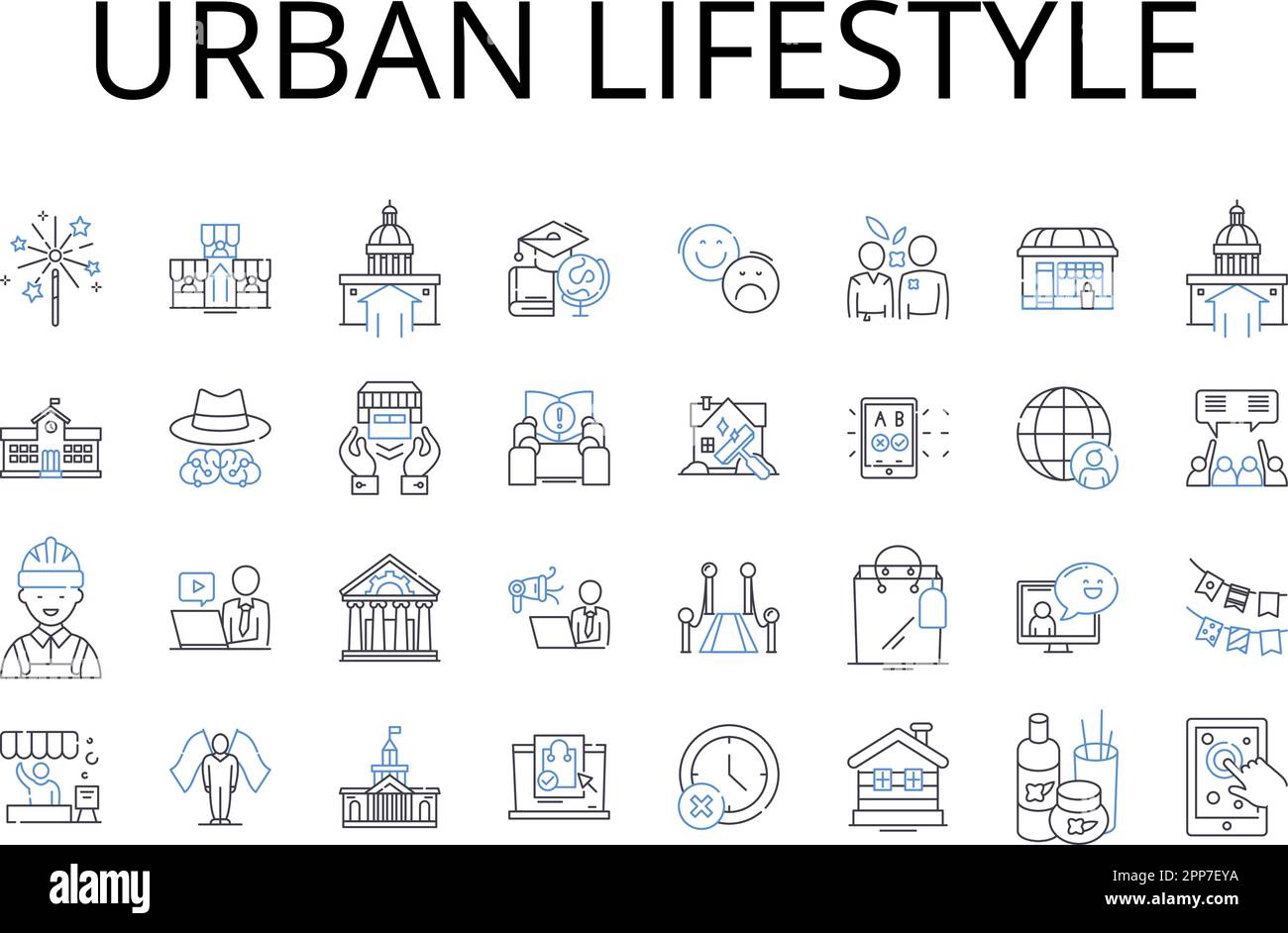 Collezione icone linea stile di vita urbano. Vita rurale, atmosfera cosmopolita, cultura metropolitana, routine veloce, esistenza moderna, Contemporaneo Illustrazione Vettoriale