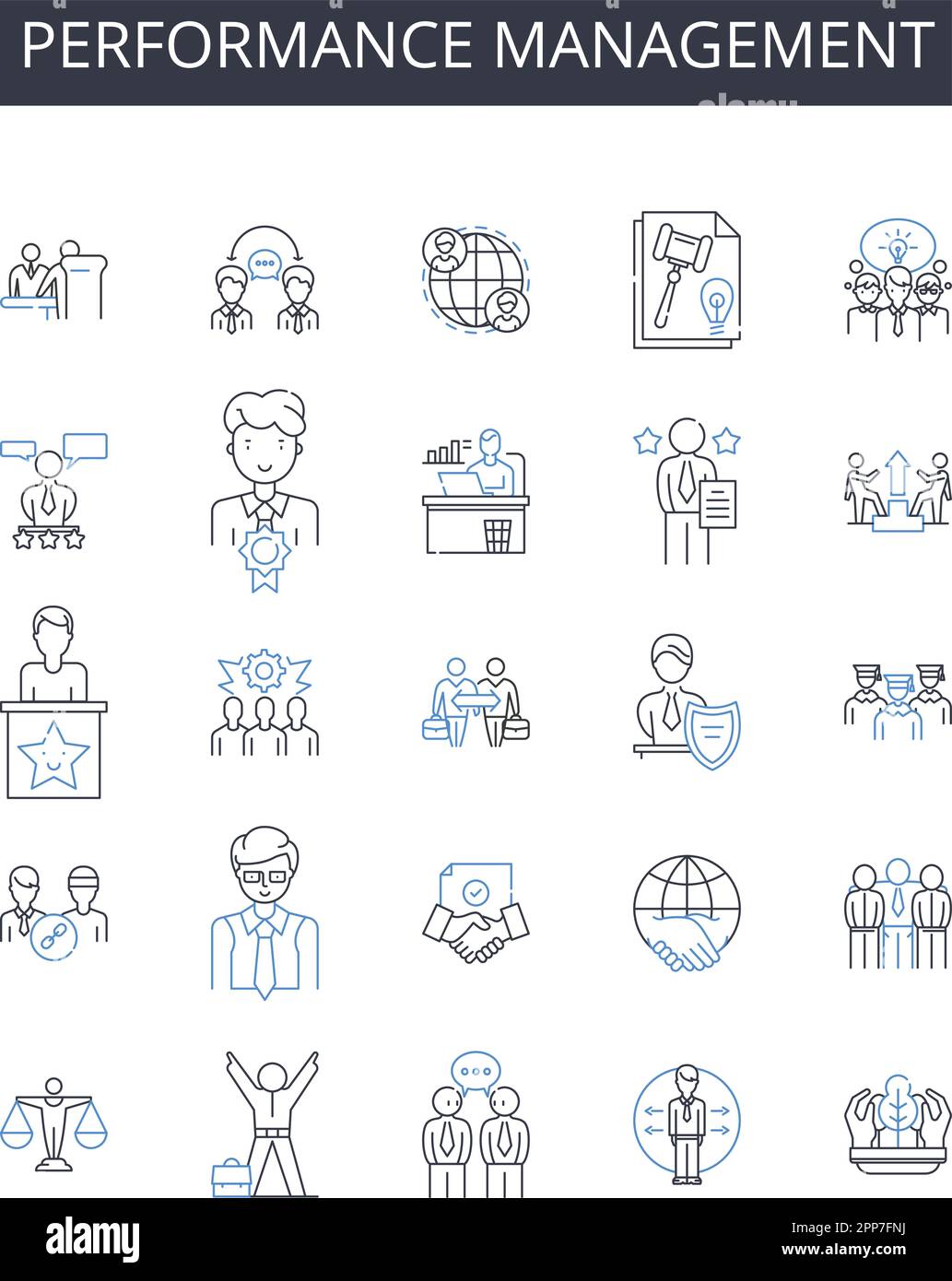 Raccolta di icone della riga di gestione delle prestazioni. Istruzione, isolamento, Curriculum, programma, motivazione personale, Parenting, vettore di flessibilità e lineare Illustrazione Vettoriale