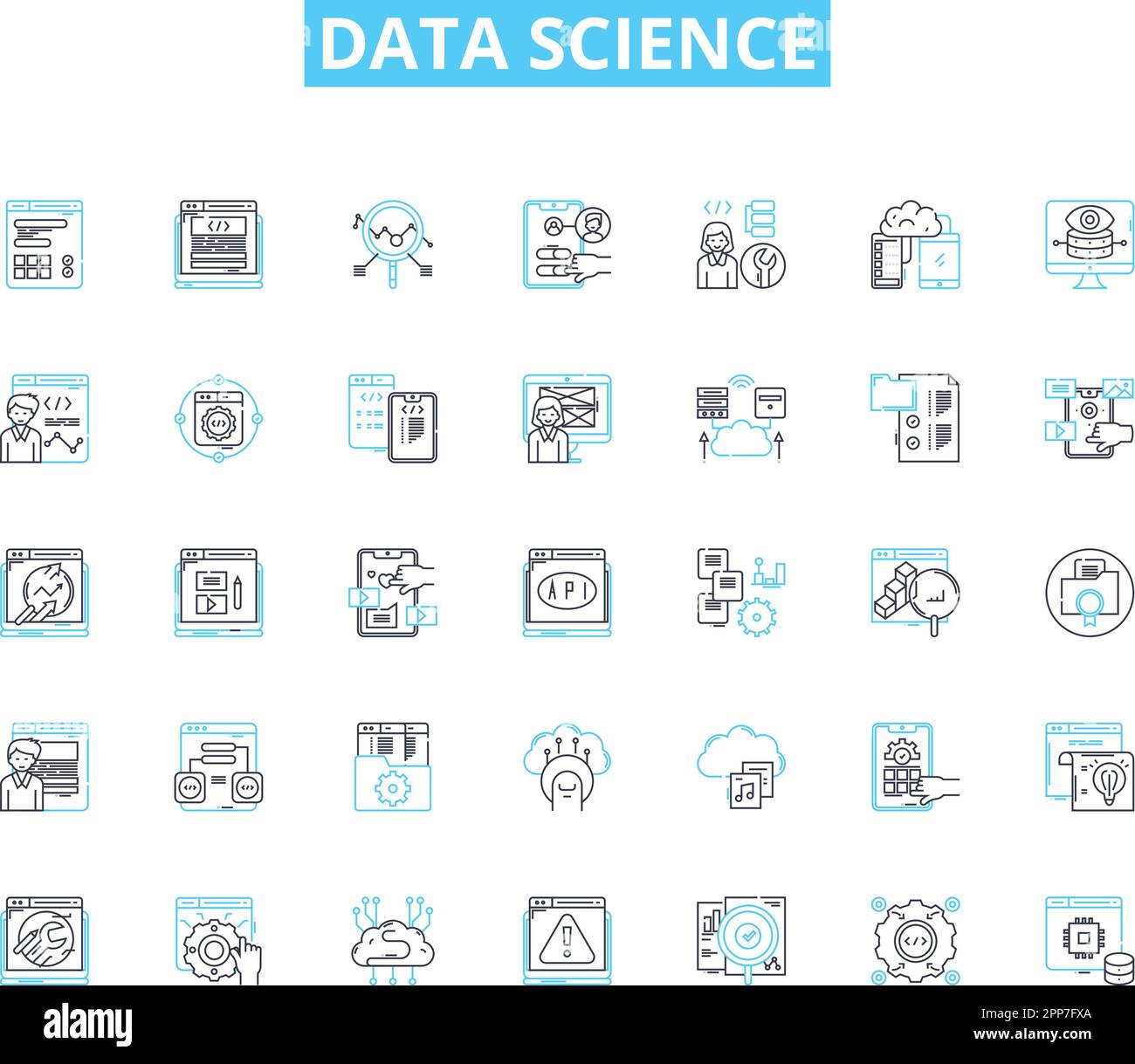 Set di icone lineari Data Science. Analisi, algoritmi, big data, clustering, correlazione, Data mining, alberi decisionali, vettori di linea e segnali concettuali Illustrazione Vettoriale