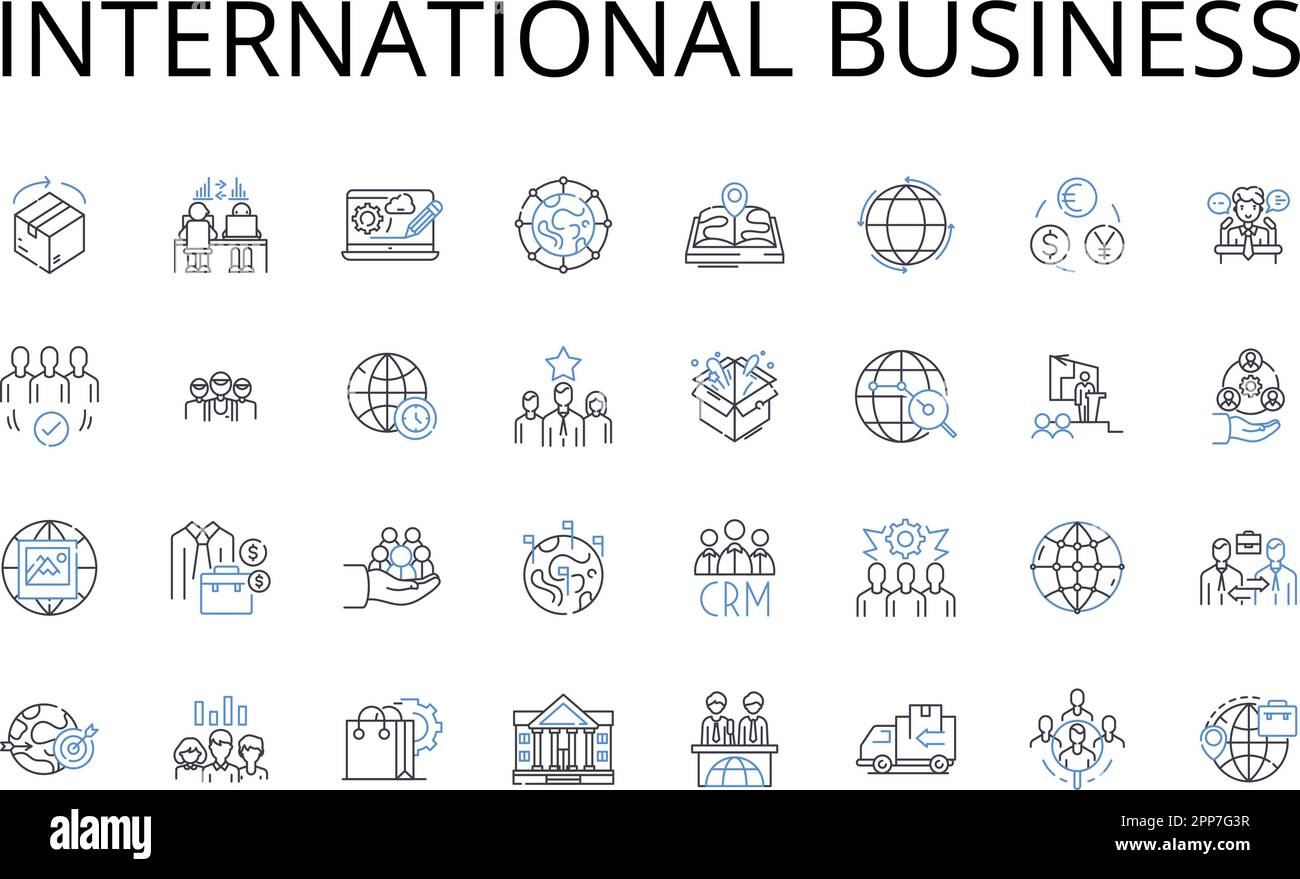 Collezione internazionale di icone business line. Commercio globale, commercio estero, affari multinazionali, rapporti transnazionali, economia mondiale, Croce Illustrazione Vettoriale