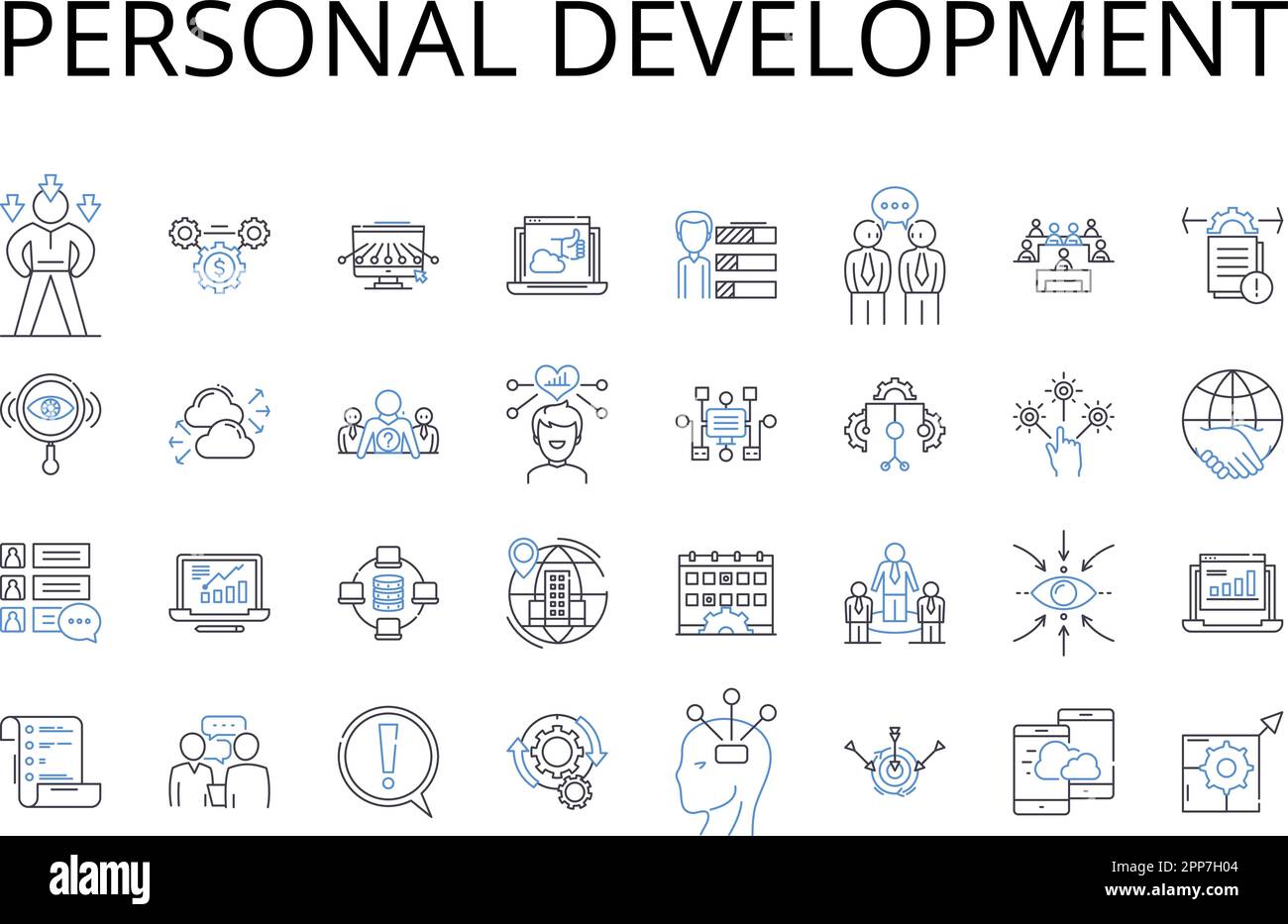 Collezione di icone della linea di sviluppo personale. Auto-miglioramento, crescita professionale, miglioramento delle competenze, progressione della carriera, sviluppo delle competenze Illustrazione Vettoriale