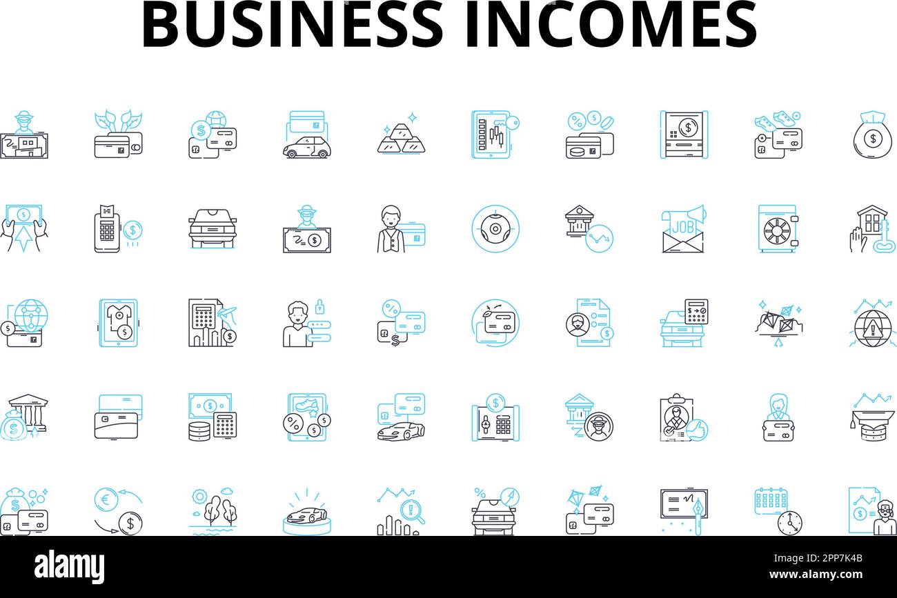 Set di icone lineari per i redditi delle imprese. Ricavi, profitti, ricavi, vendite, ricavi, Flusso di cassa, ROI (Return on Investment), simboli vettoriali e concetto di linea Illustrazione Vettoriale