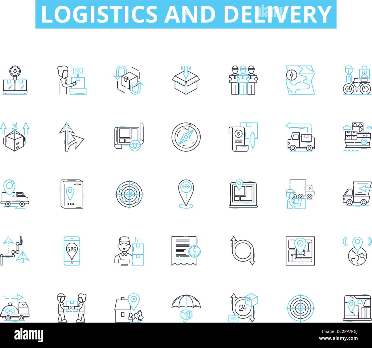 Set di icone lineari per logistica e consegna. Spedizione, carico, spedizione, trasporto, immagazzinamento, Segnaletica di spedizione, vettore di linea di trasporto e di concetto. Alimentazione Illustrazione Vettoriale