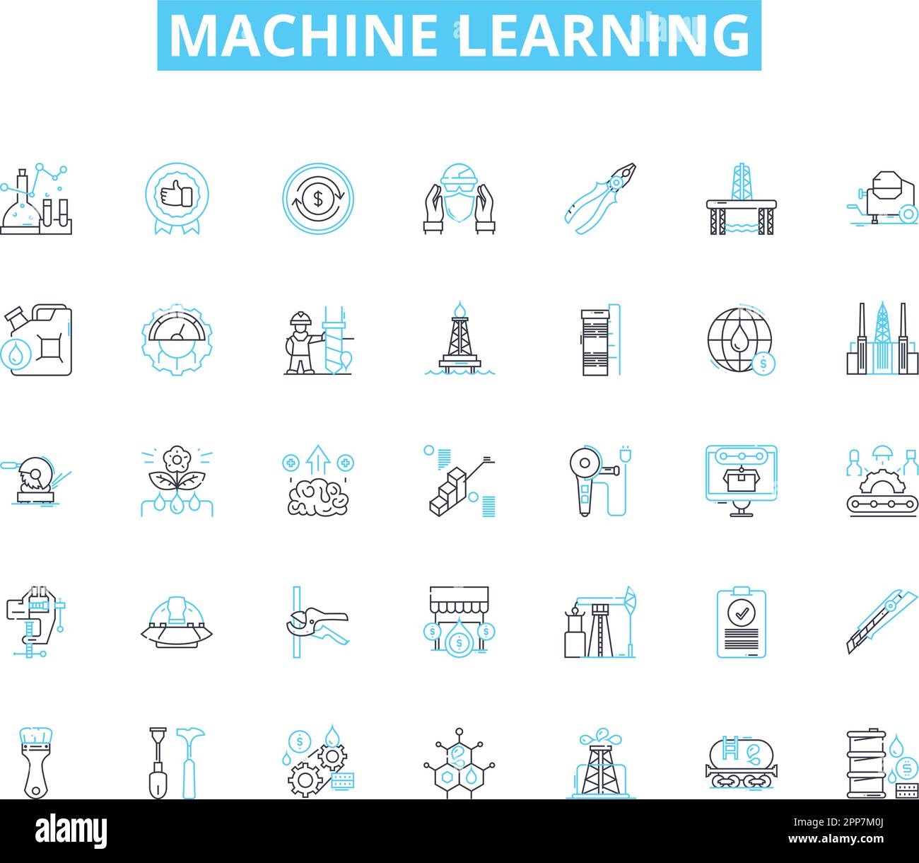 Set di icone lineari per l'apprendimento automatico. Algoritmi, Neural nerks, Prediction, Deep learning, intelligenza artificiale, Data mining, linea di visione computerizzata Illustrazione Vettoriale