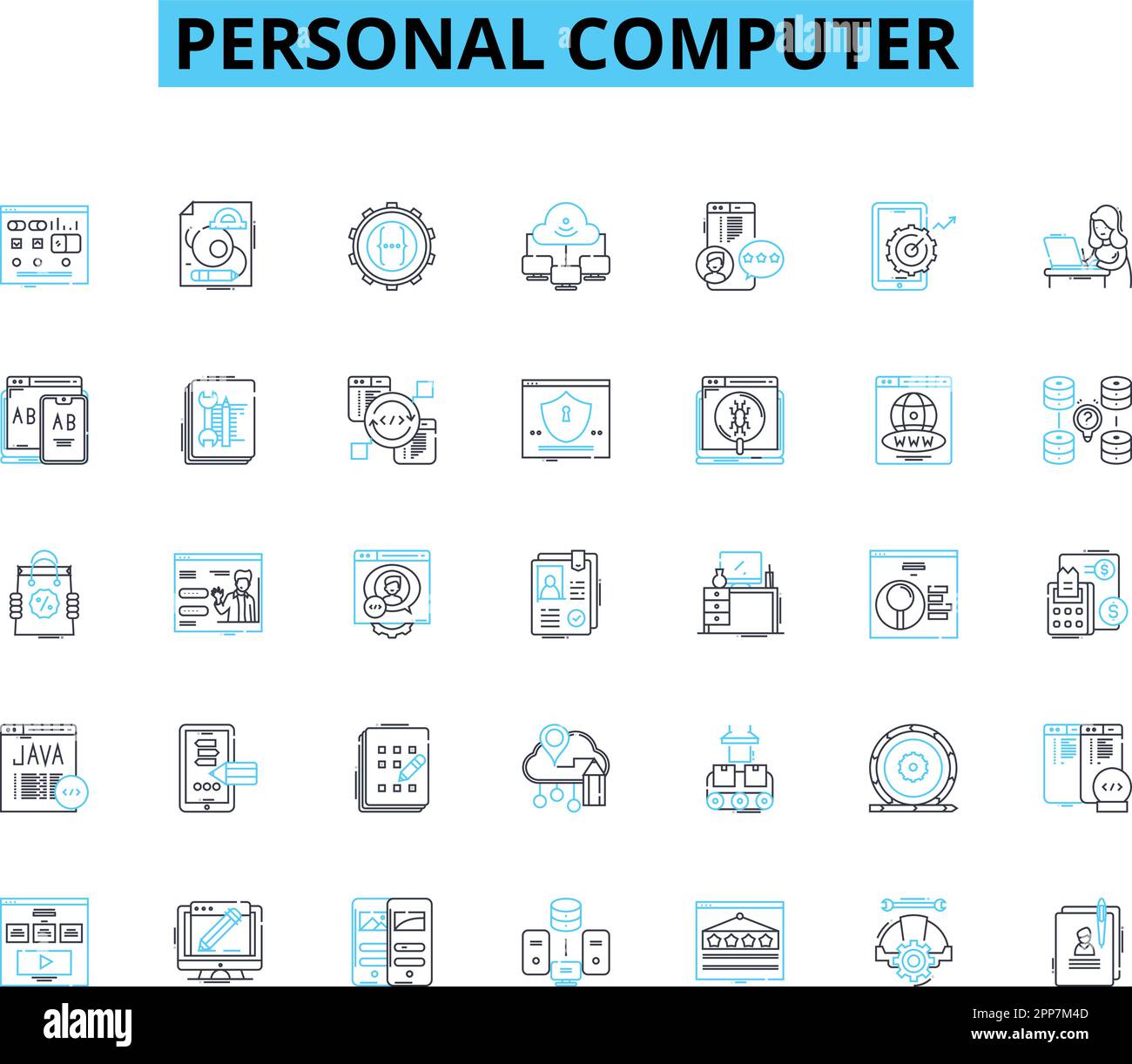 Set di icone lineari per personal computer. Desktop, notebook, tastiera, mouse, monitor, CPU, vettore di linea GPU e segnali concettuali. RAM, disco rigido, struttura SSD Illustrazione Vettoriale