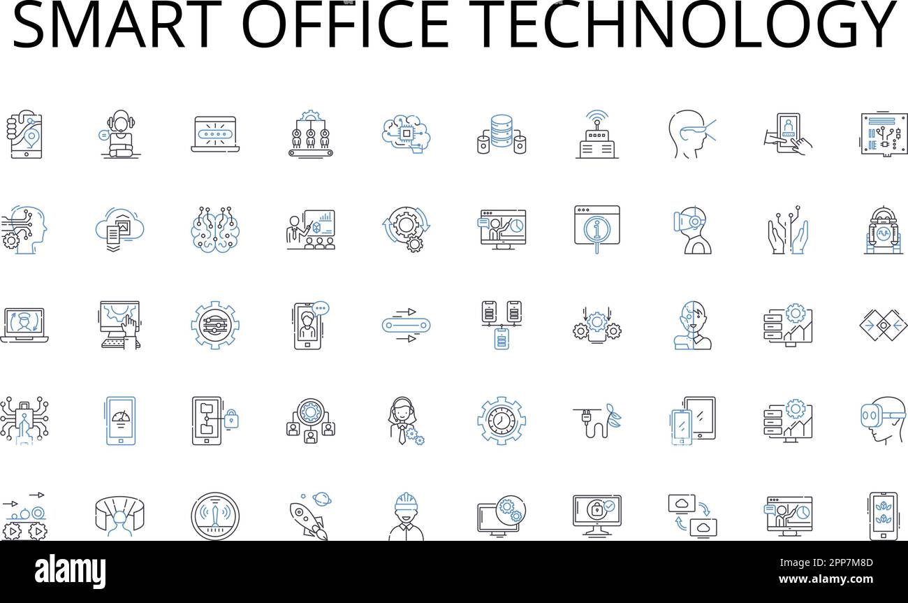 Collezione di icone di linea per la tecnologia Smart Office. Cooperazione, Nerking, partenariato, lavoro di squadra, sinergia, Alleanza, integrazione vettoriale e lineare Illustrazione Vettoriale