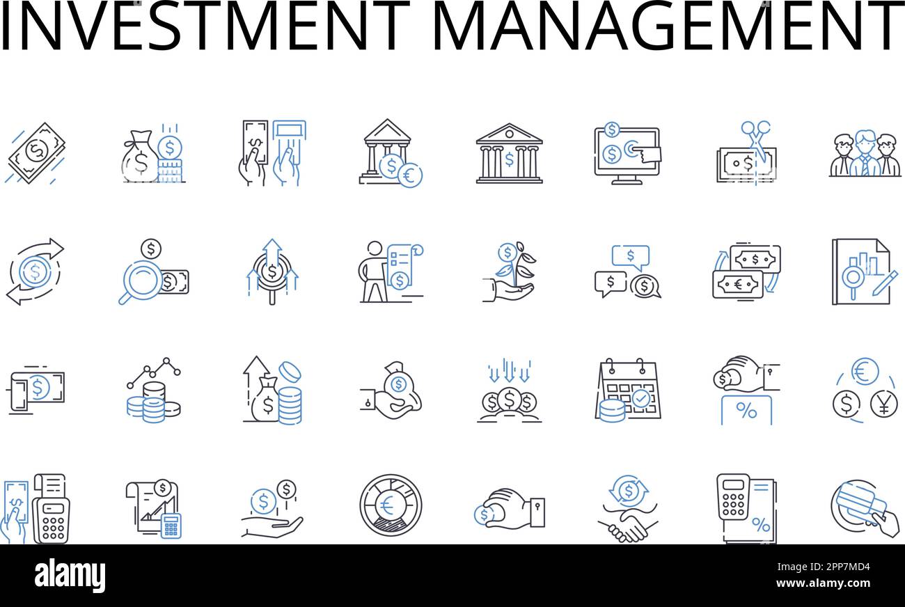 Collezione icone della linea di gestione degli investimenti. Wealth management, Asset management, Portfolio management, Financial management, My management, Capitale Illustrazione Vettoriale