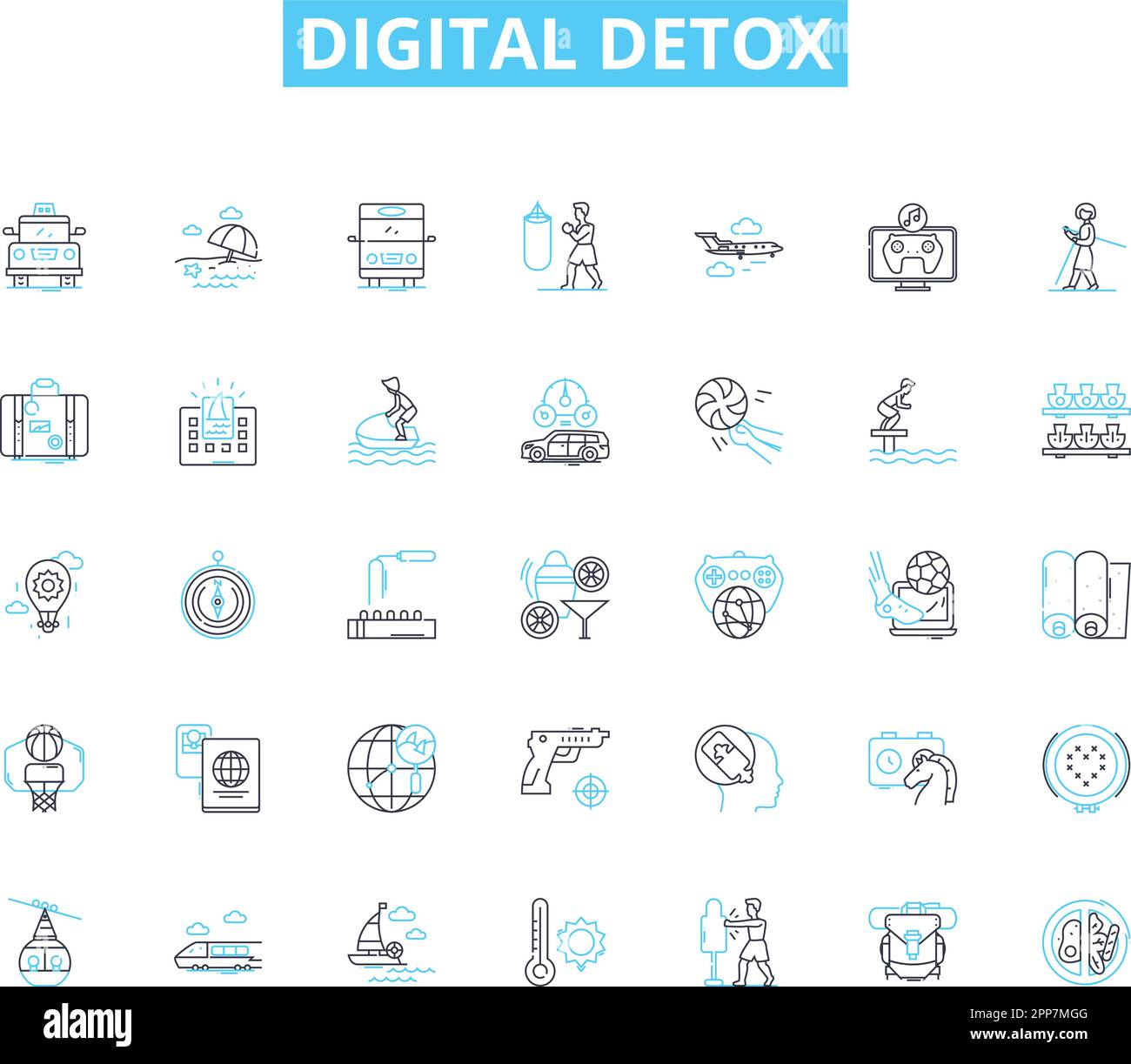 Set di icone lineari per detox digitali. Scollegare, scollegare, ricollegare, consapevolezza, bilanciamento, Messa a fuoco, vettore di linea di rilassamento e segnali concettuali. Benessere, rinnovo Illustrazione Vettoriale
