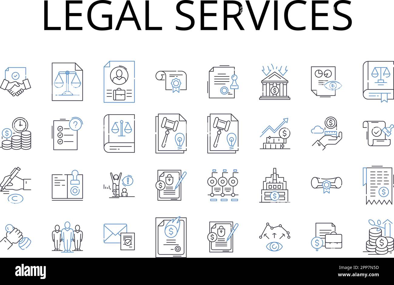 Raccolta di icone della riga servizi legali. Assistenza legale, consulente legale, avvocato, rappresentanza, assistenza, Consulenza, vettore di consultazione e illustrazione lineare Illustrazione Vettoriale