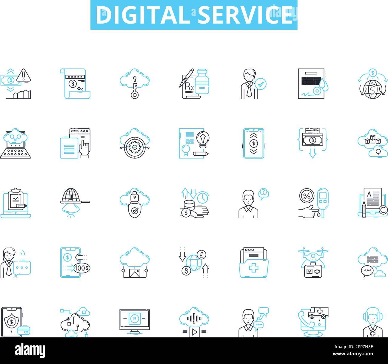 Set di icone lineari del servizio digitale. Online, virtuale, connesso, sociale, automatizzato, Segnaletica vettoriale e concettuale efficiente e ottimizzata. Agile, robusto Illustrazione Vettoriale