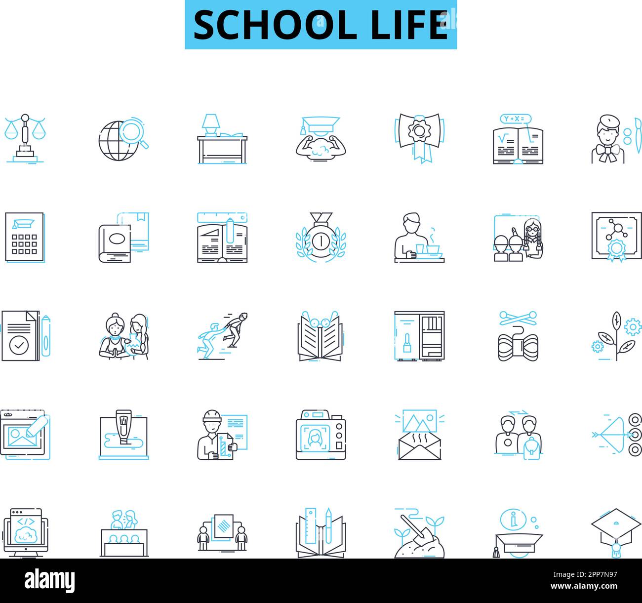 Set di icone lineari per la vita scolastica. Istruzione , lavoro , esami , amici , insegnanti , Libri di testo , vettore di linea di pranzo e segni di concetto. Sport ,Locker Illustrazione Vettoriale