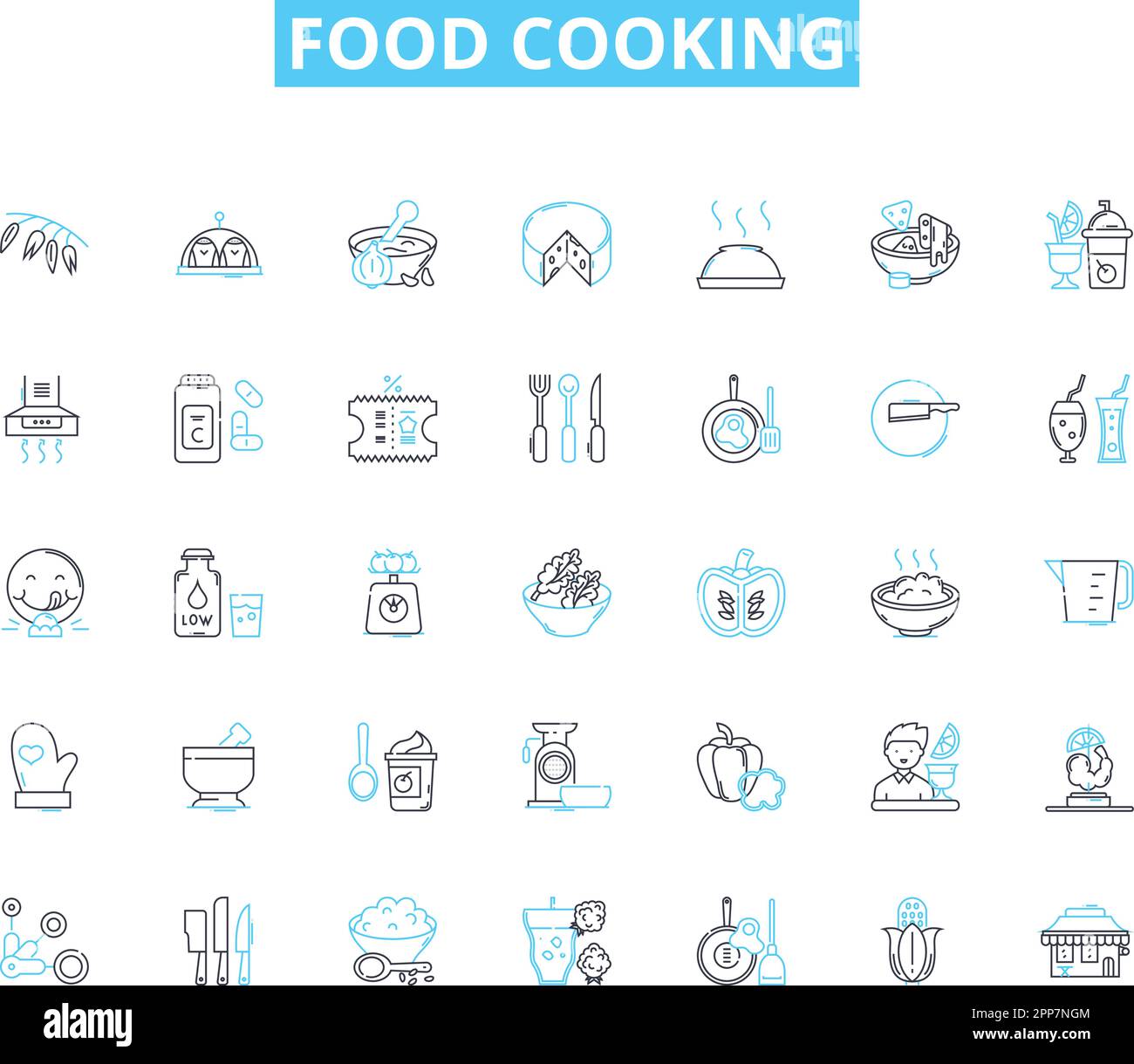 Set di icone lineari per la cottura degli alimenti. Saut?ing, grigliare, cuocere al forno, friggere, tostare, Brasatura, linee di ebollizione vettoriali e segnali concettuali. Far sobbollire, agitare-friggere Illustrazione Vettoriale