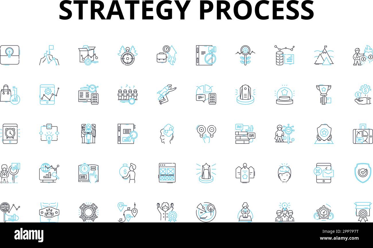 Set di icone lineari di elaborazione strategia. Pianificazione, analisi, esecuzione, allineamento, valutazione, Tattiche, simboli vettoriali di visione e segnali di concetto di linea Illustrazione Vettoriale