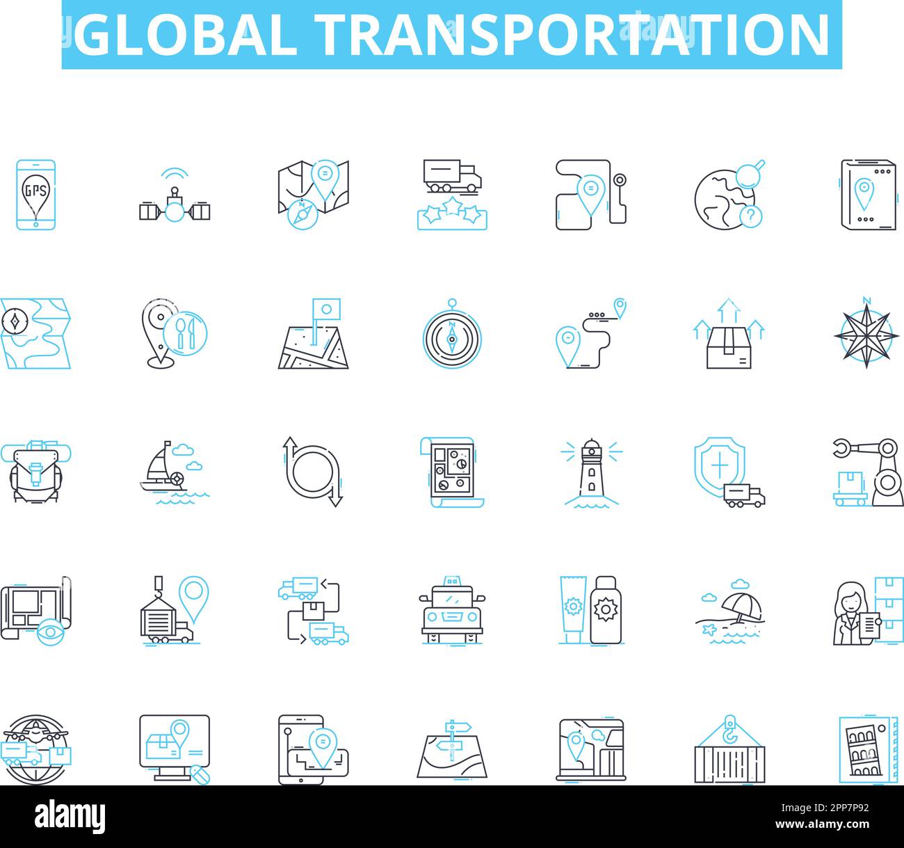 Set di icone lineari per il trasporto globale. Logistica, Trasporti, trasporto, carico, esportazione, Importazione, vettore di linea di trasporto e segnali concettuali. Commercio, transito Illustrazione Vettoriale