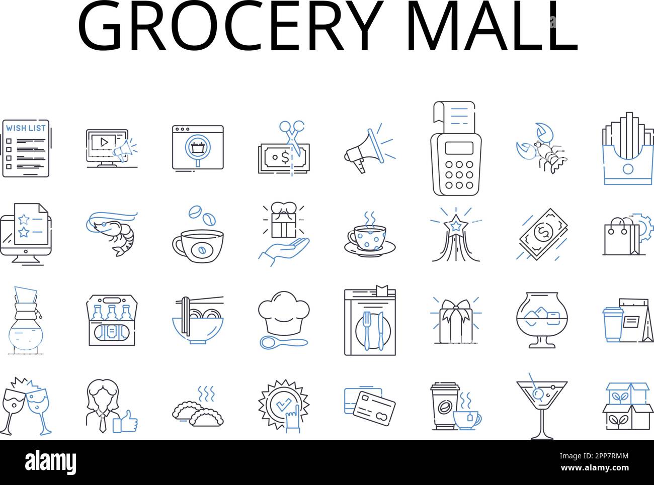 Collezione di icone della linea del centro commerciale della drogheria. Supermercato, alimentari, minimarket, mercato, Megamarket, Ipermercato, negozio specializzato vettoriale e lineare Illustrazione Vettoriale