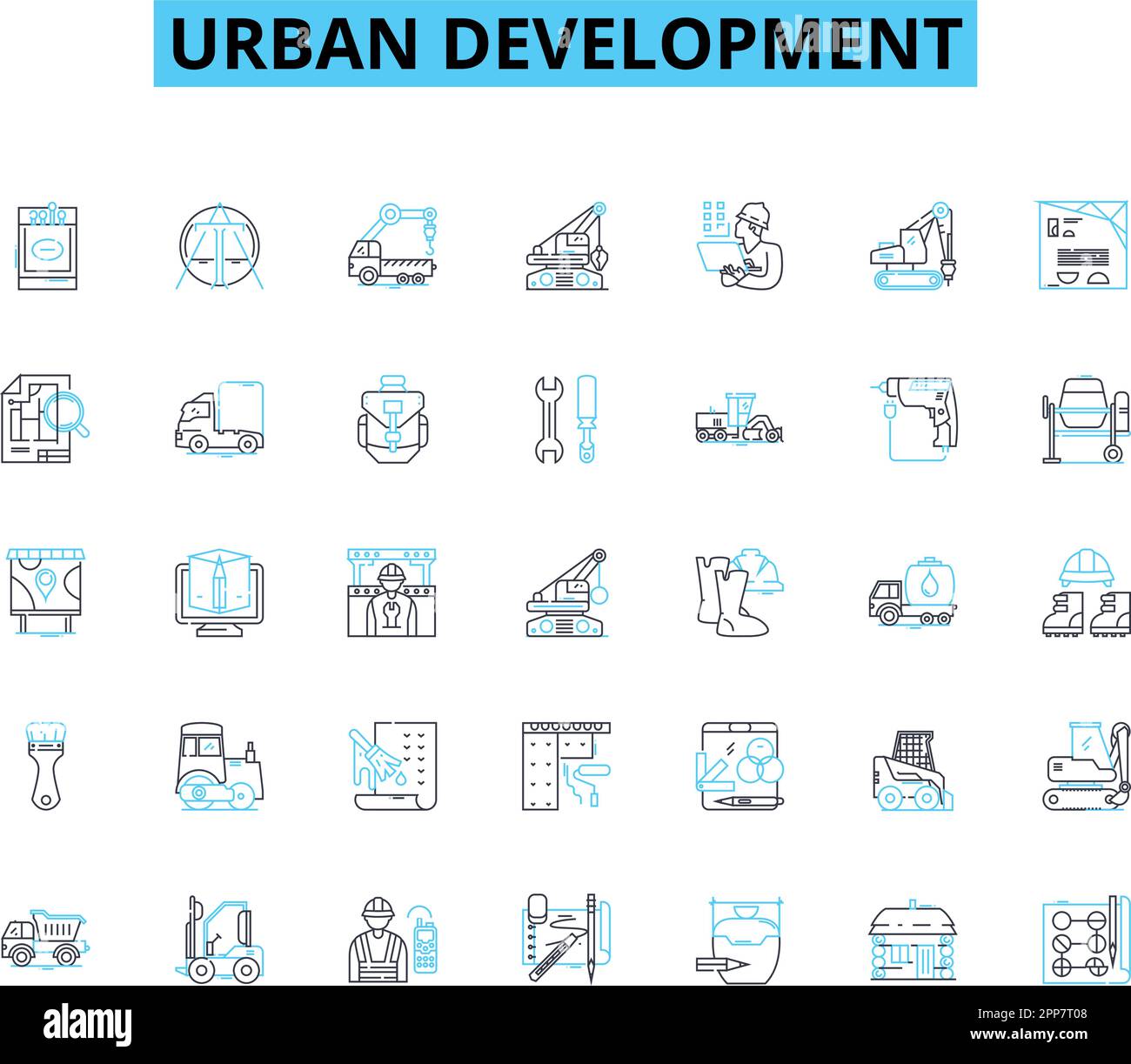 Set di icone lineari per lo sviluppo urbano. Gentrificazione, sviluppo, densità, infrastruttura, zonizzazione, Proliferazione, rivitalizzazione vettore di linea e concetto Illustrazione Vettoriale