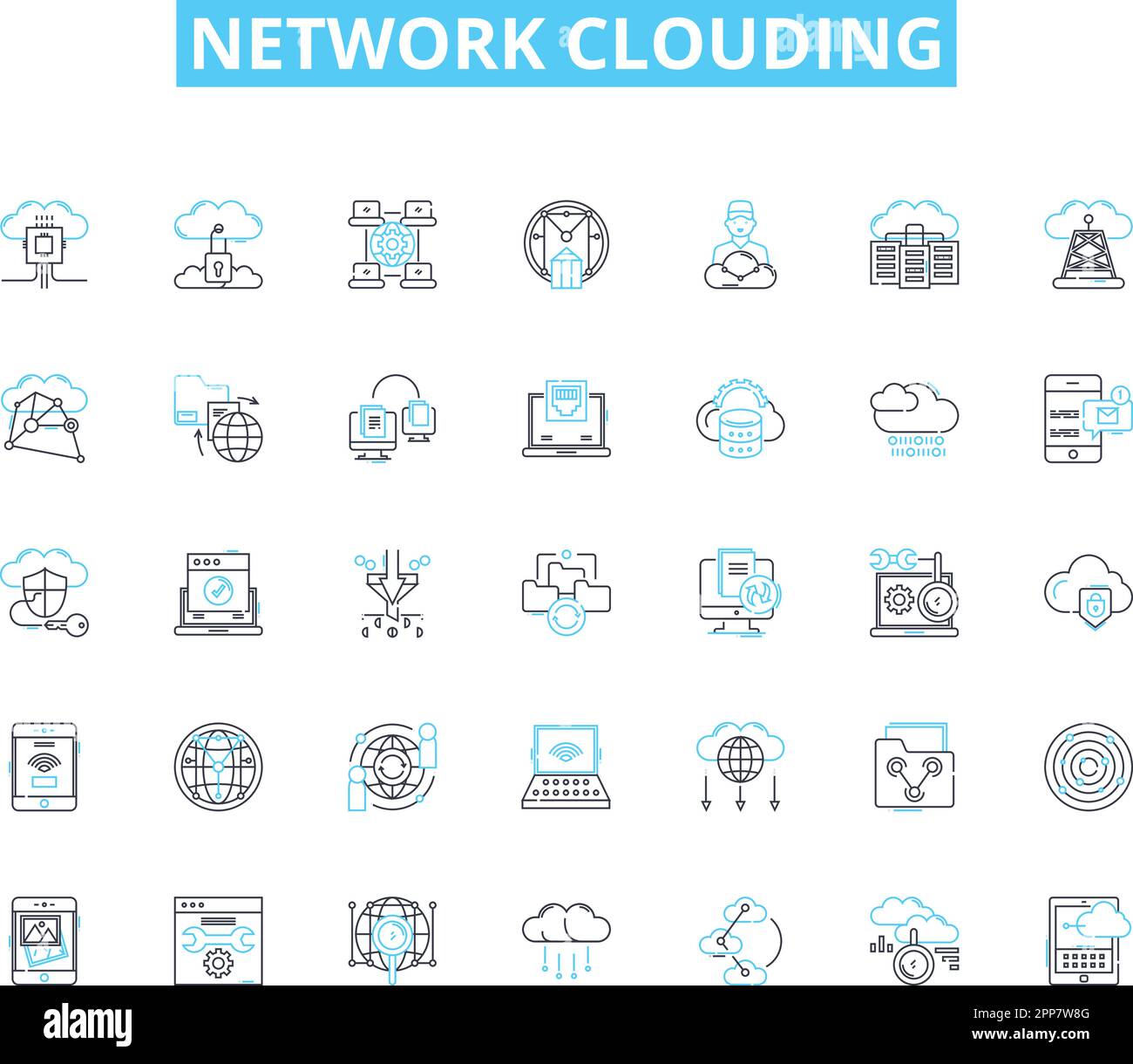 Set di icone lineari di oscuramento della rete. Virtualizzazione, scalabilità, elasticità, automazione, provisioning, Orchestrazione, vettore di linea multi-tenancy e. Illustrazione Vettoriale